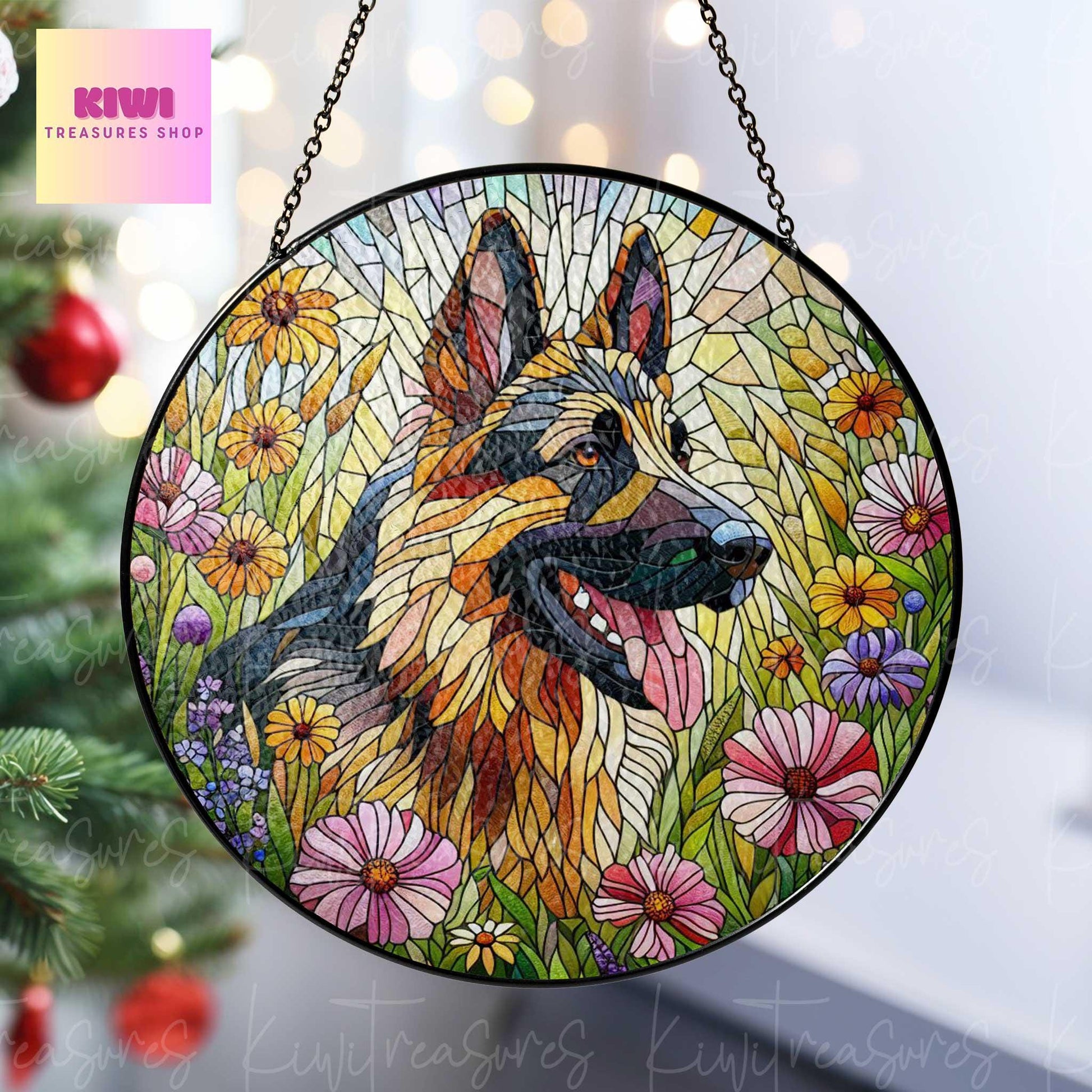 Germand shepherd wildflowers GLASS Suncatcher Hanging, german shepherd suncatcher window decor, dog mom gift suncatcher hanging