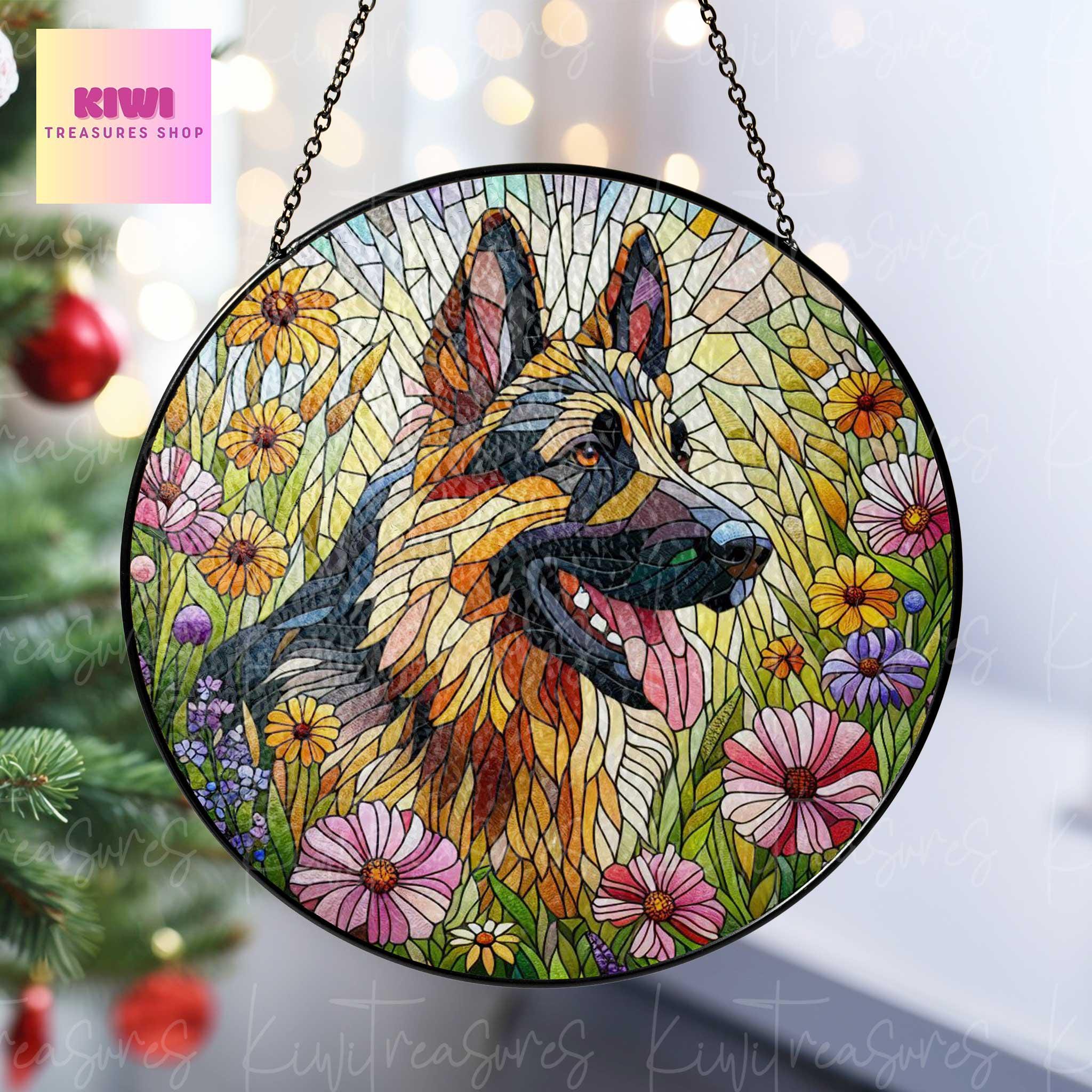 Germand shepherd wildflowers GLASS Suncatcher Hanging, german shepherd suncatcher window decor, dog mom gift suncatcher hanging