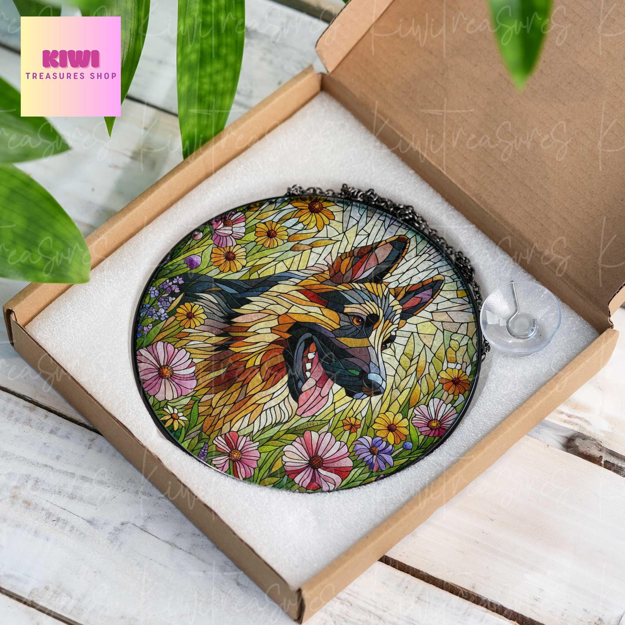 Germand shepherd wildflowers GLASS Suncatcher Hanging, german shepherd suncatcher window decor, dog mom gift suncatcher hanging
