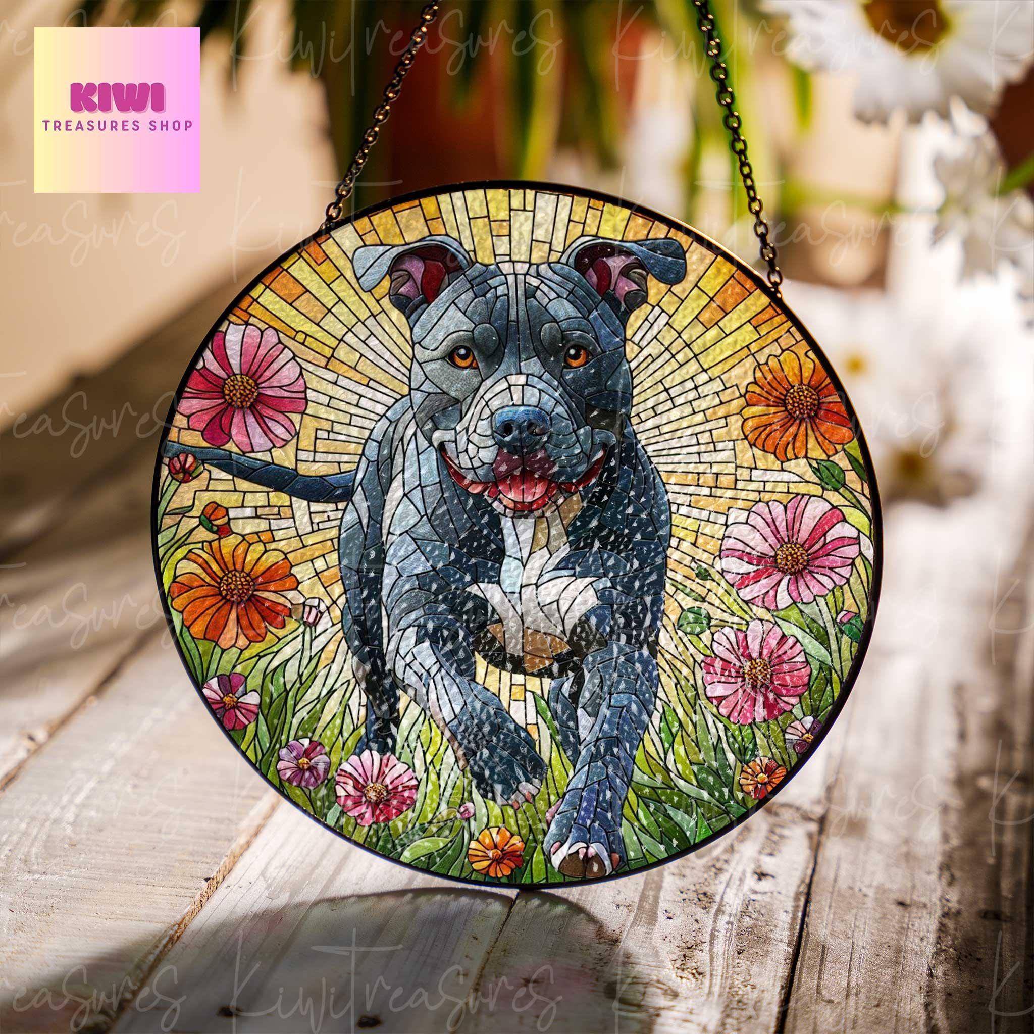 Pitbull wildflowers GLASS Suncatcher Hanging, Pitbull dog suncatcher window decor, dog mom gift suncatcher hanging, pitbull lover