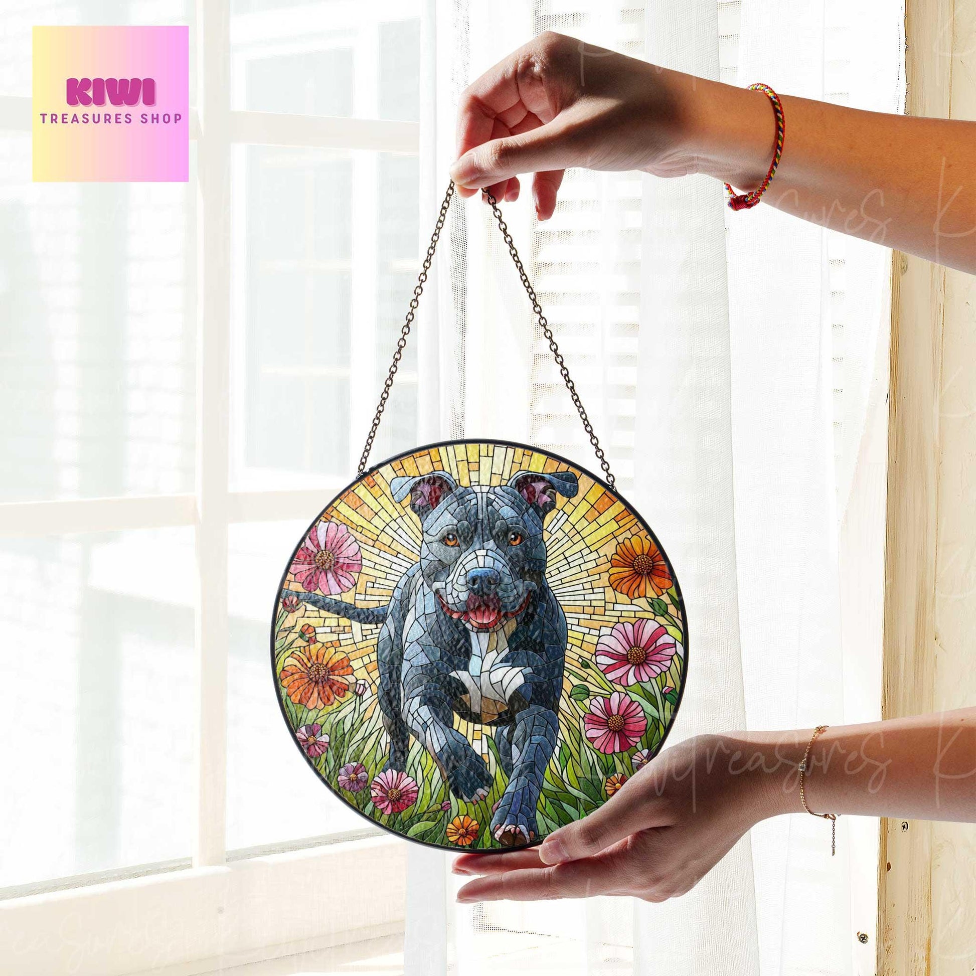 Pitbull wildflowers GLASS Suncatcher Hanging, Pitbull dog suncatcher window decor, dog mom gift suncatcher hanging, pitbull lover