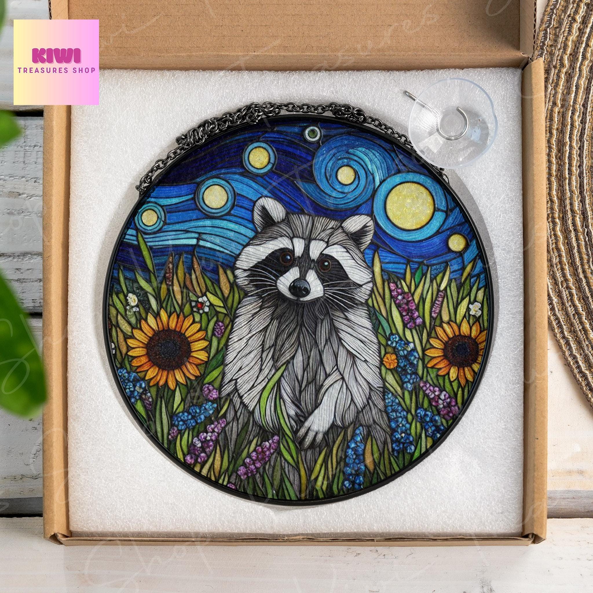 Raccoon and wildflowers GLASS Suncatcher Hanging, Cute raccoon , Trash panda suncatcher hanging, Raccoon window hanging