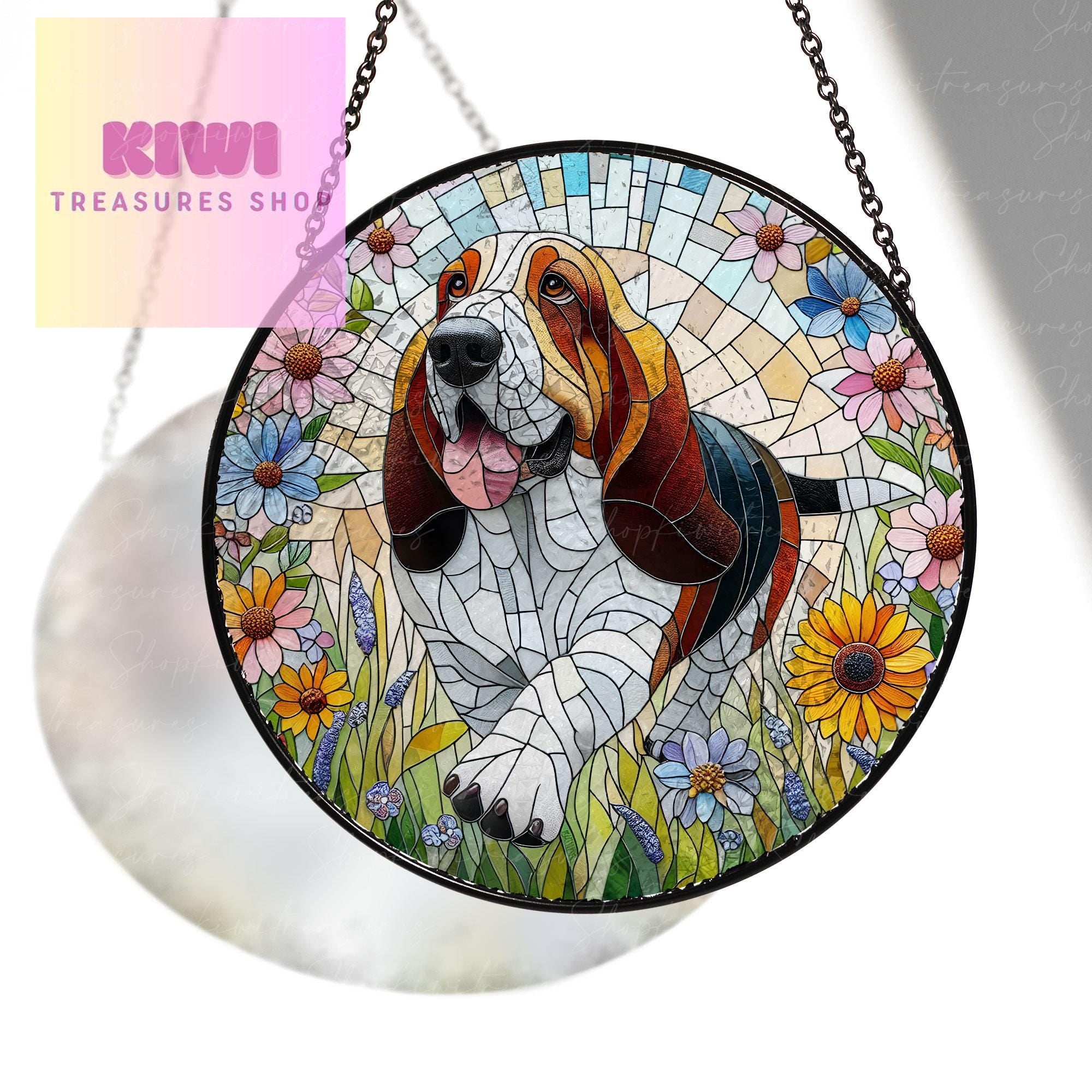 Basset Hound GLASS and Wildflowers Suncatcher Hanging, Basset Hound Suncatcher Ornament, Dog Lovers Gift, Dog Memorial Gift