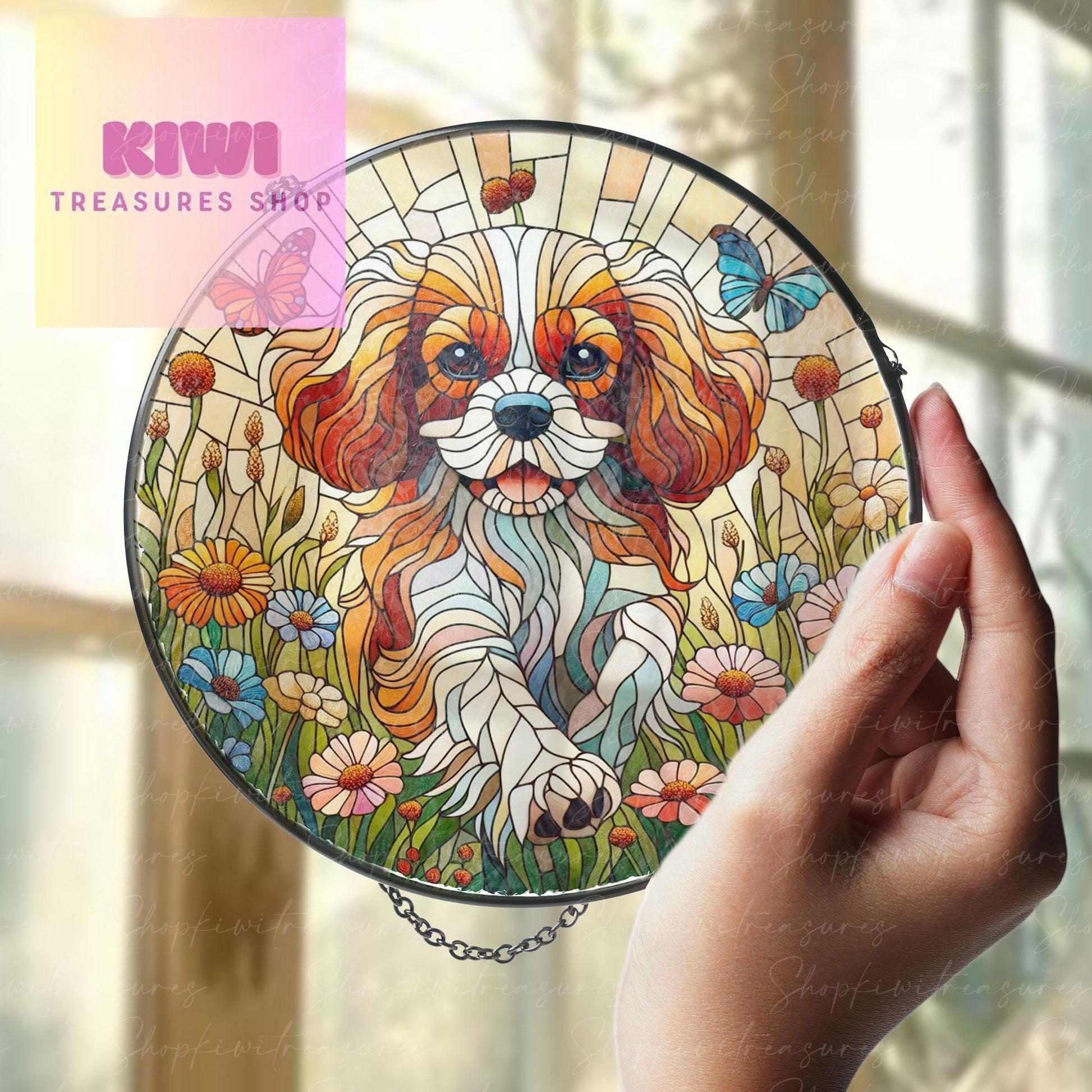 Cavalier King and Wildflower GLASS Suncatcher Hanging, Cavalier King Charles Spaniel Suncatcher Ornament, Dog Lovers Gift, Dog Memorial Gift