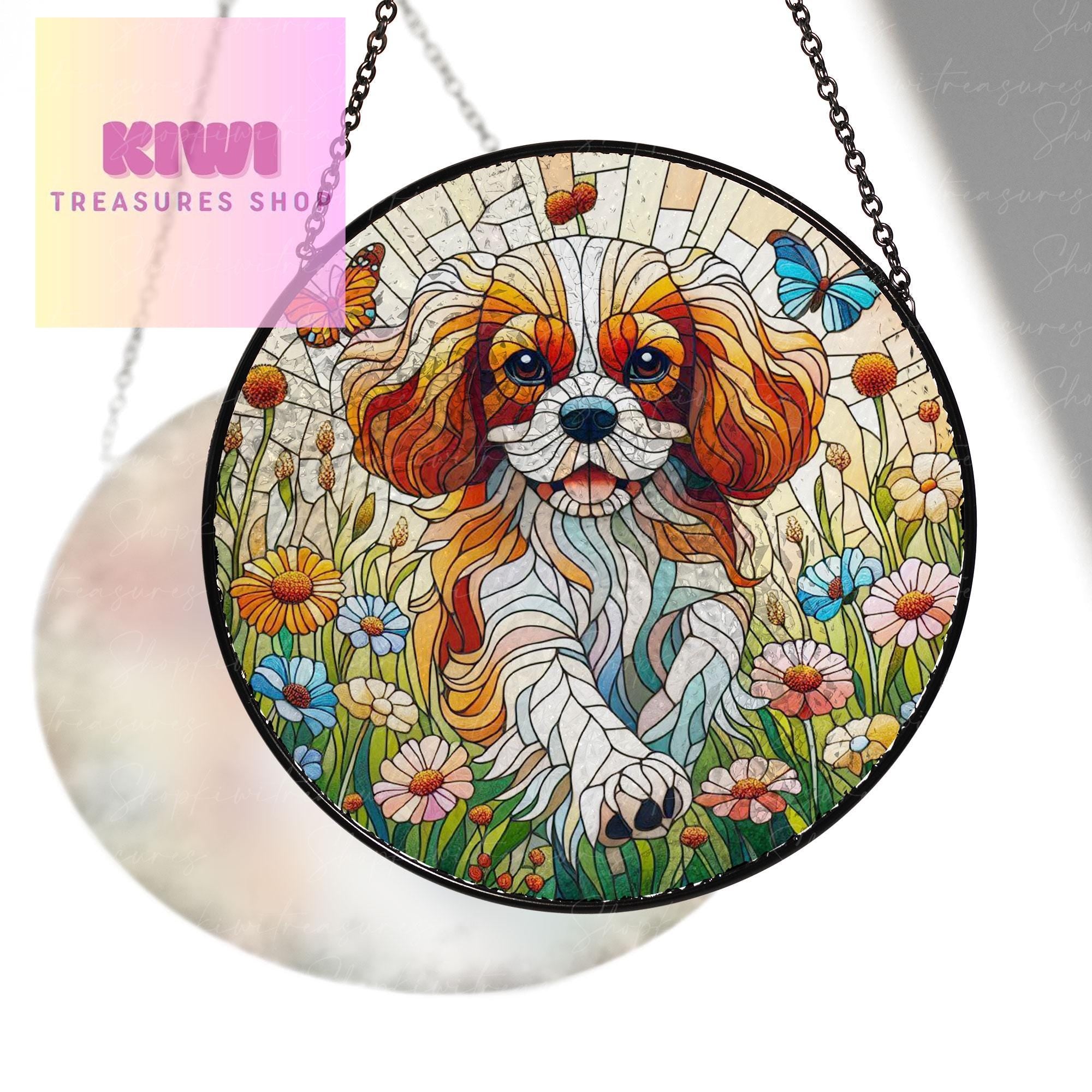 Cavalier King and Wildflower GLASS Suncatcher Hanging, Cavalier King Charles Spaniel Suncatcher Ornament, Dog Lovers Gift, Dog Memorial Gift