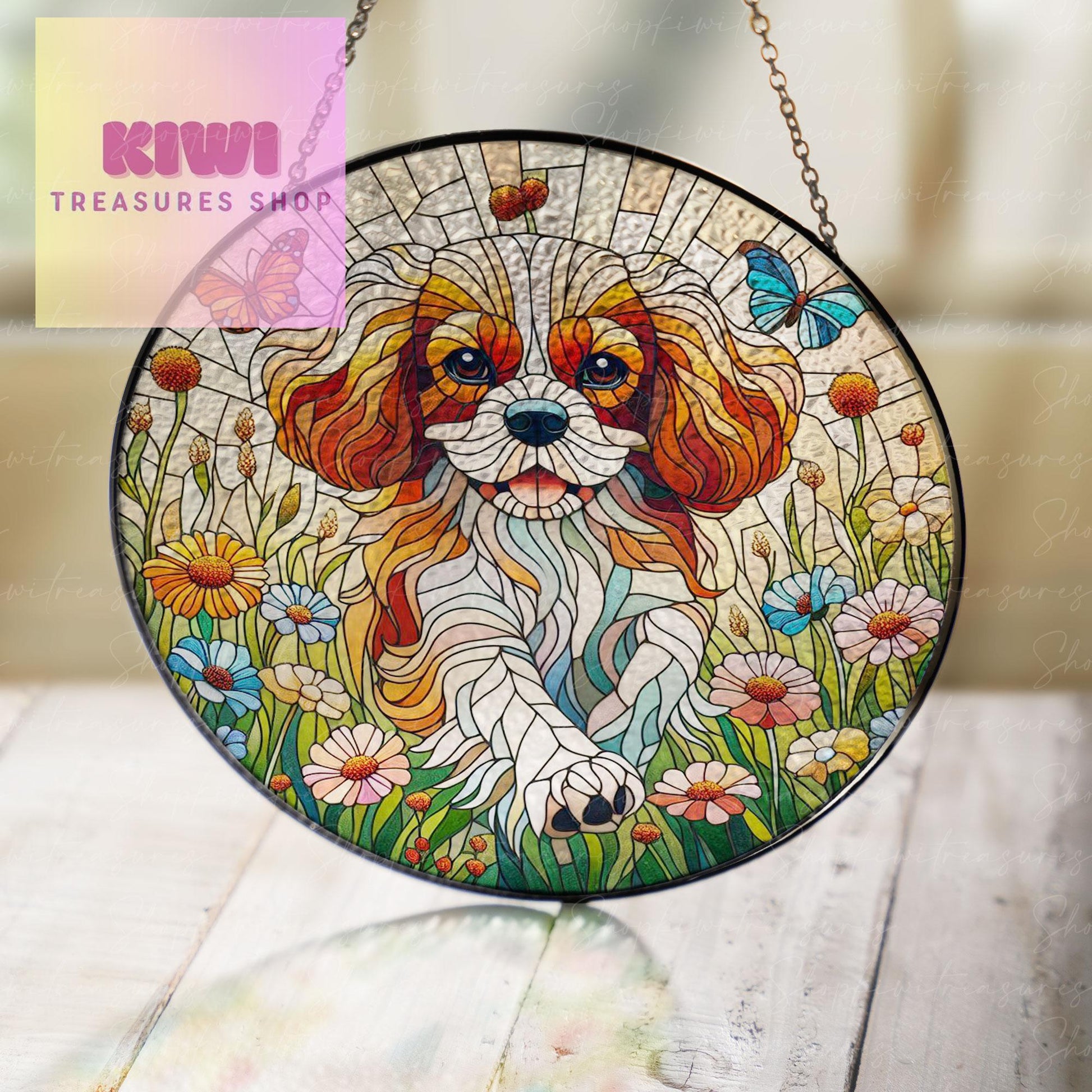 Cavalier King and Wildflower GLASS Suncatcher Hanging, Cavalier King Charles Spaniel Suncatcher Ornament, Dog Lovers Gift, Dog Memorial Gift