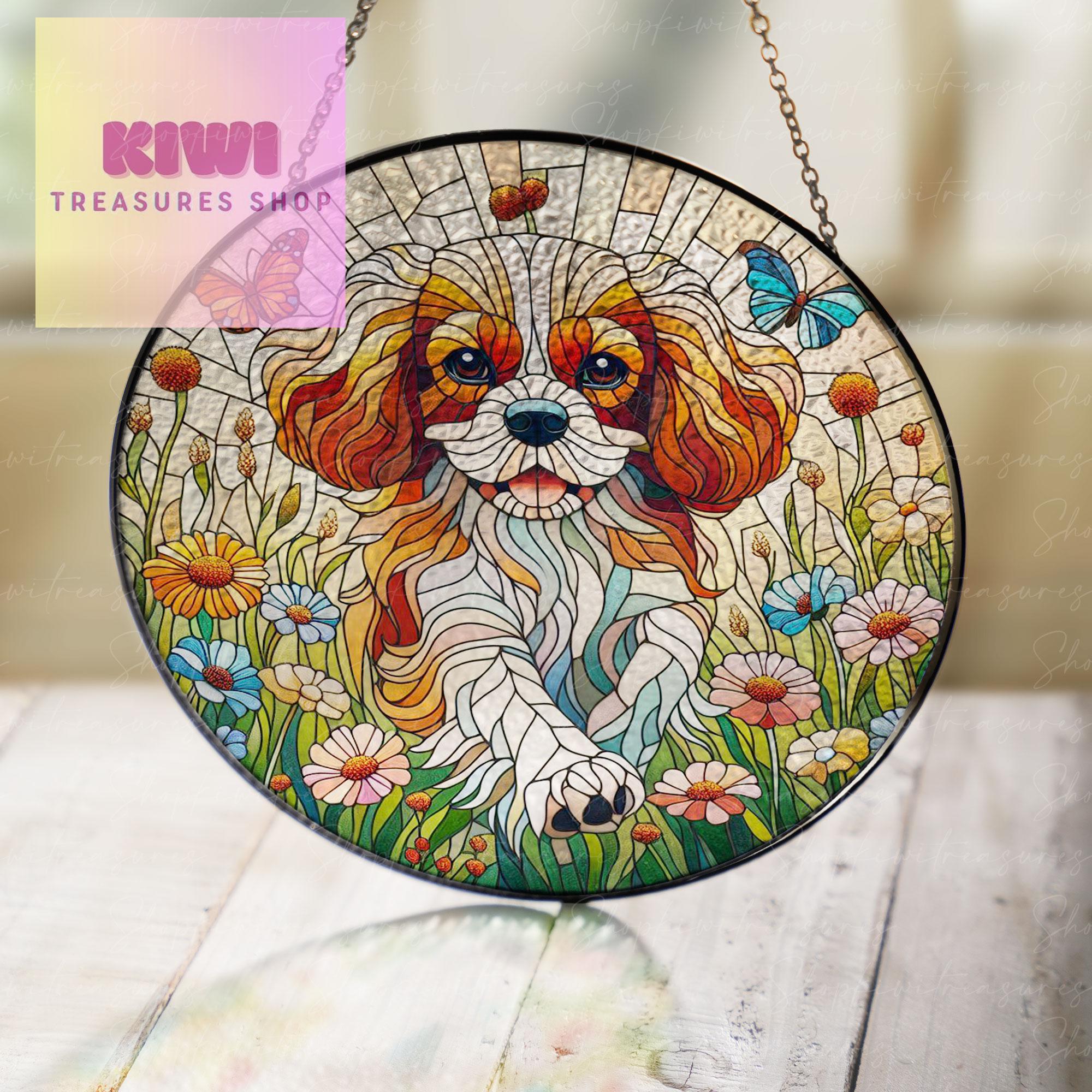Cavalier King and Wildflower GLASS Suncatcher Hanging, Cavalier King Charles Spaniel Suncatcher Ornament, Dog Lovers Gift, Dog Memorial Gift