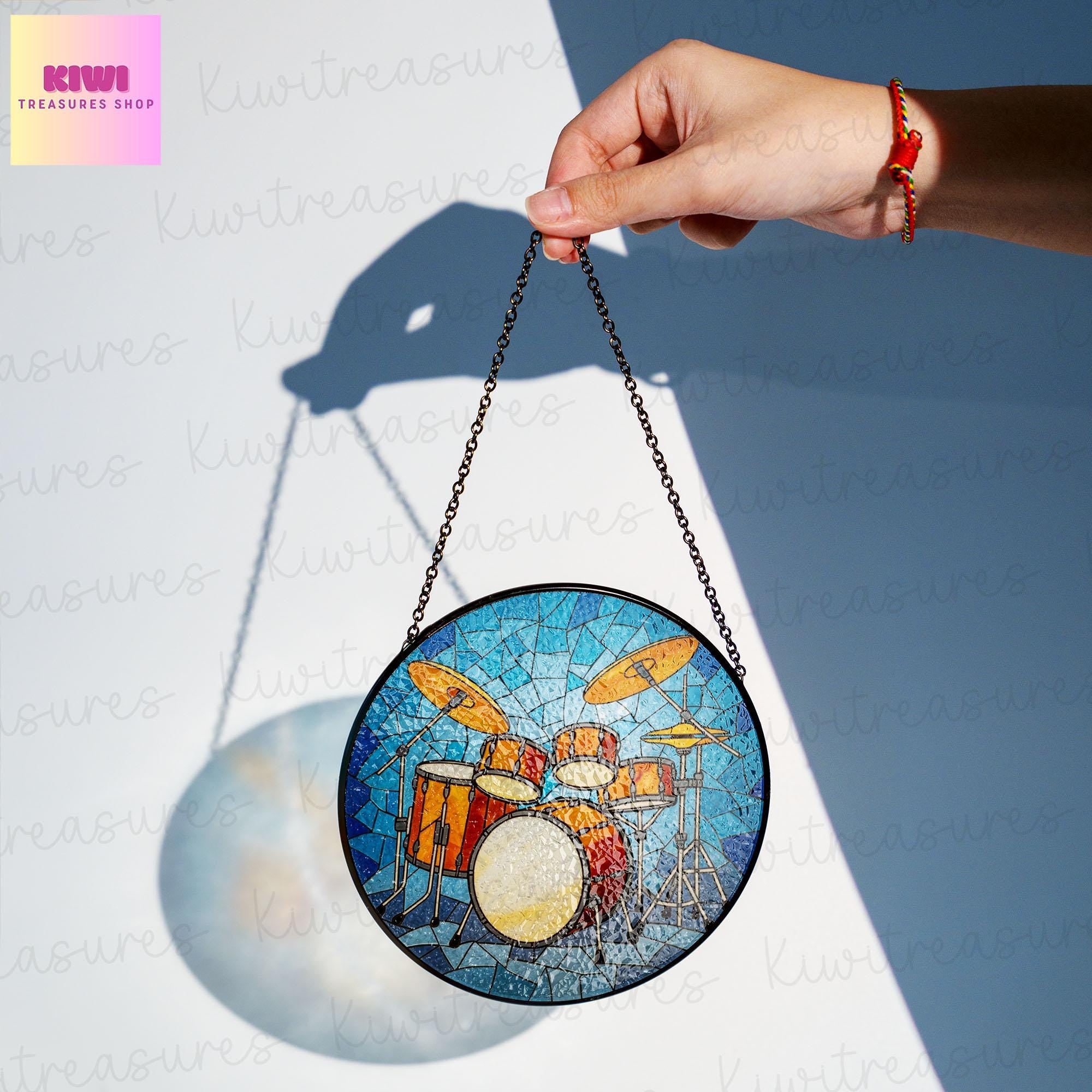 Drum set GLASS Suncatcher Hanging Drummer gift Window hanging Suncatcher ornament gift Musical Instrument decor Drum kit suncatcher