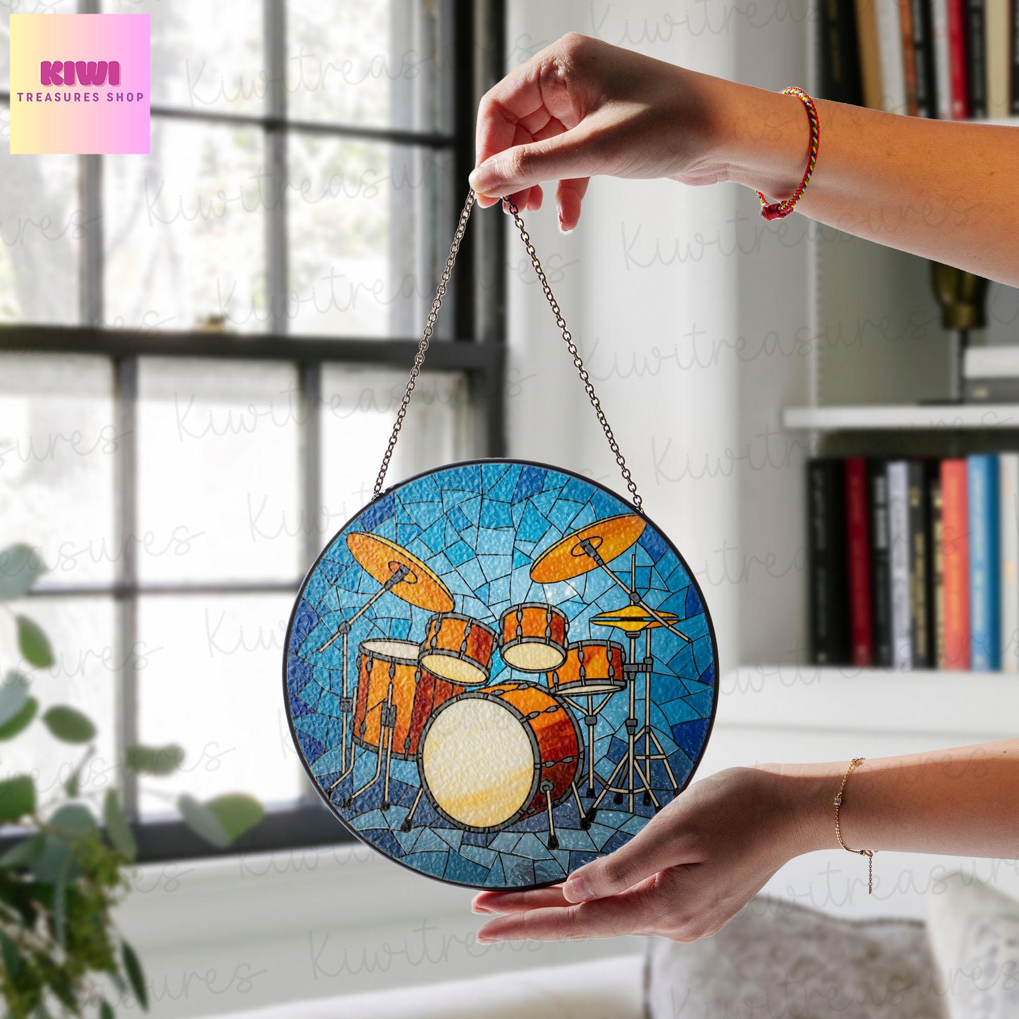 Drum set GLASS Suncatcher Hanging Drummer gift Window hanging Suncatcher ornament gift Musical Instrument decor Drum kit suncatcher