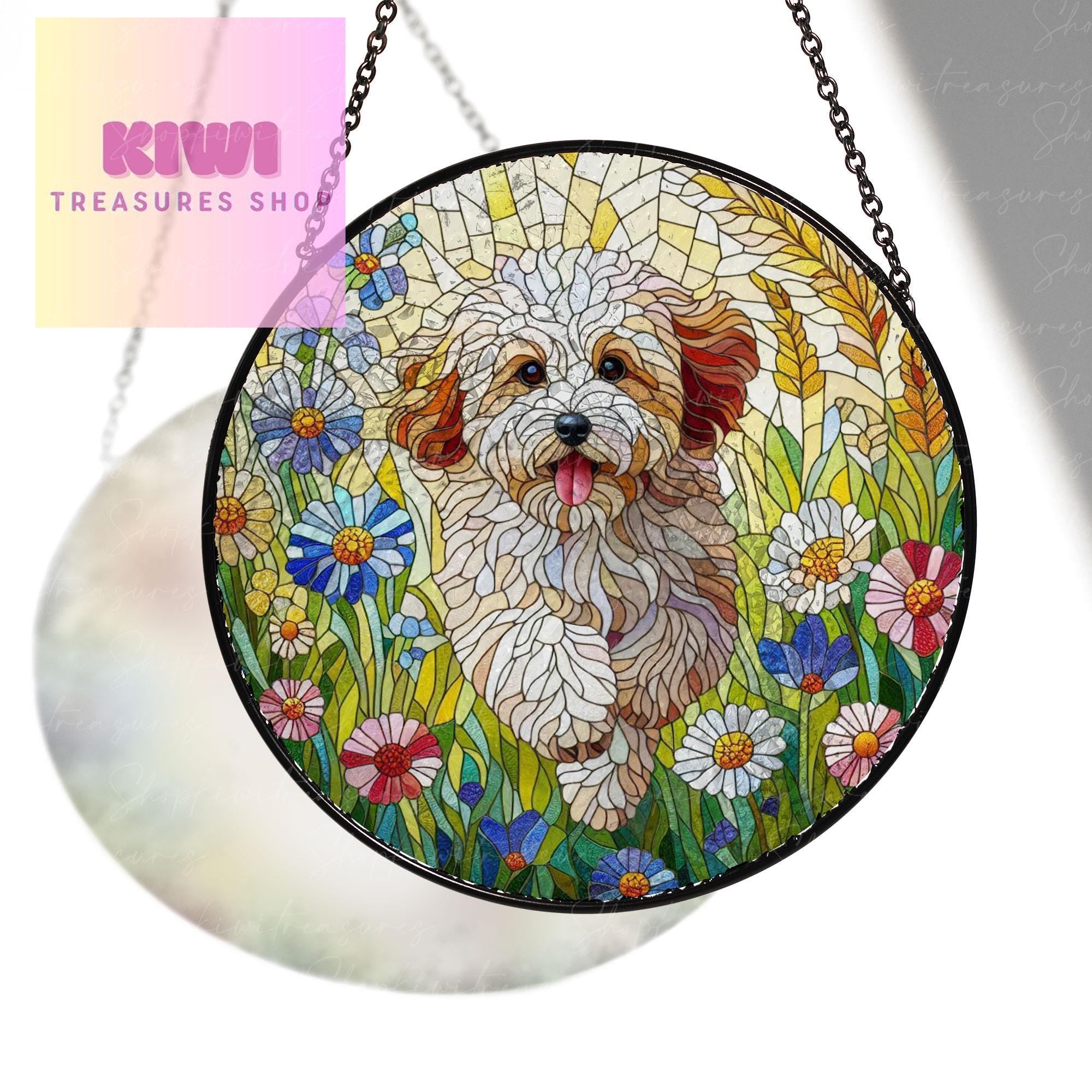 Cavapoo Dog GLASS and Wildflowers Suncatcher Hanging, Cavapoo Suncatcher Ornament, MOTHER'S DAY gift 2025, Dog Memorial Gift, Cavapoo Lover