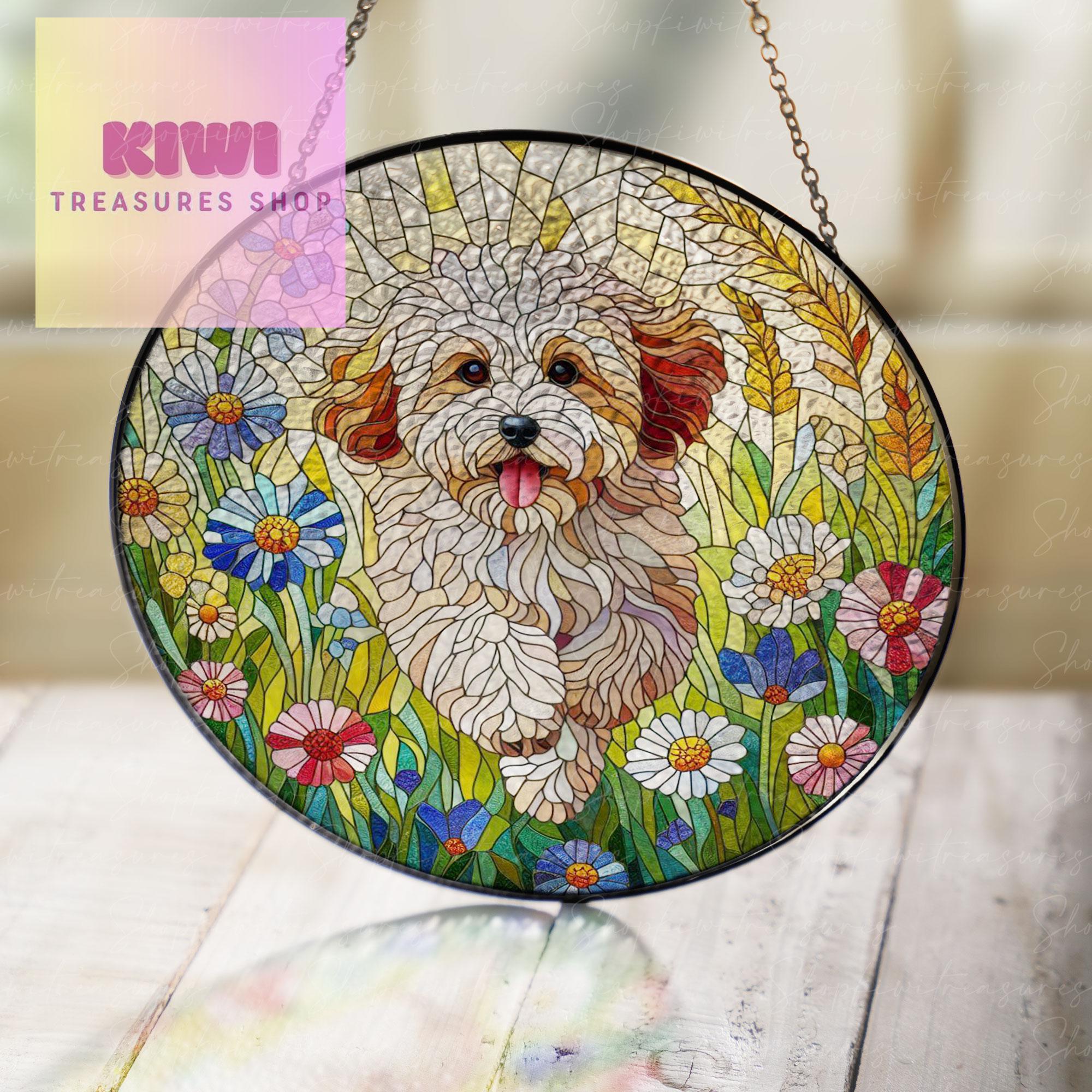 Cavapoo Dog GLASS and Wildflowers Suncatcher Hanging, Cavapoo Suncatcher Ornament, MOTHER'S DAY gift 2025, Dog Memorial Gift, Cavapoo Lover