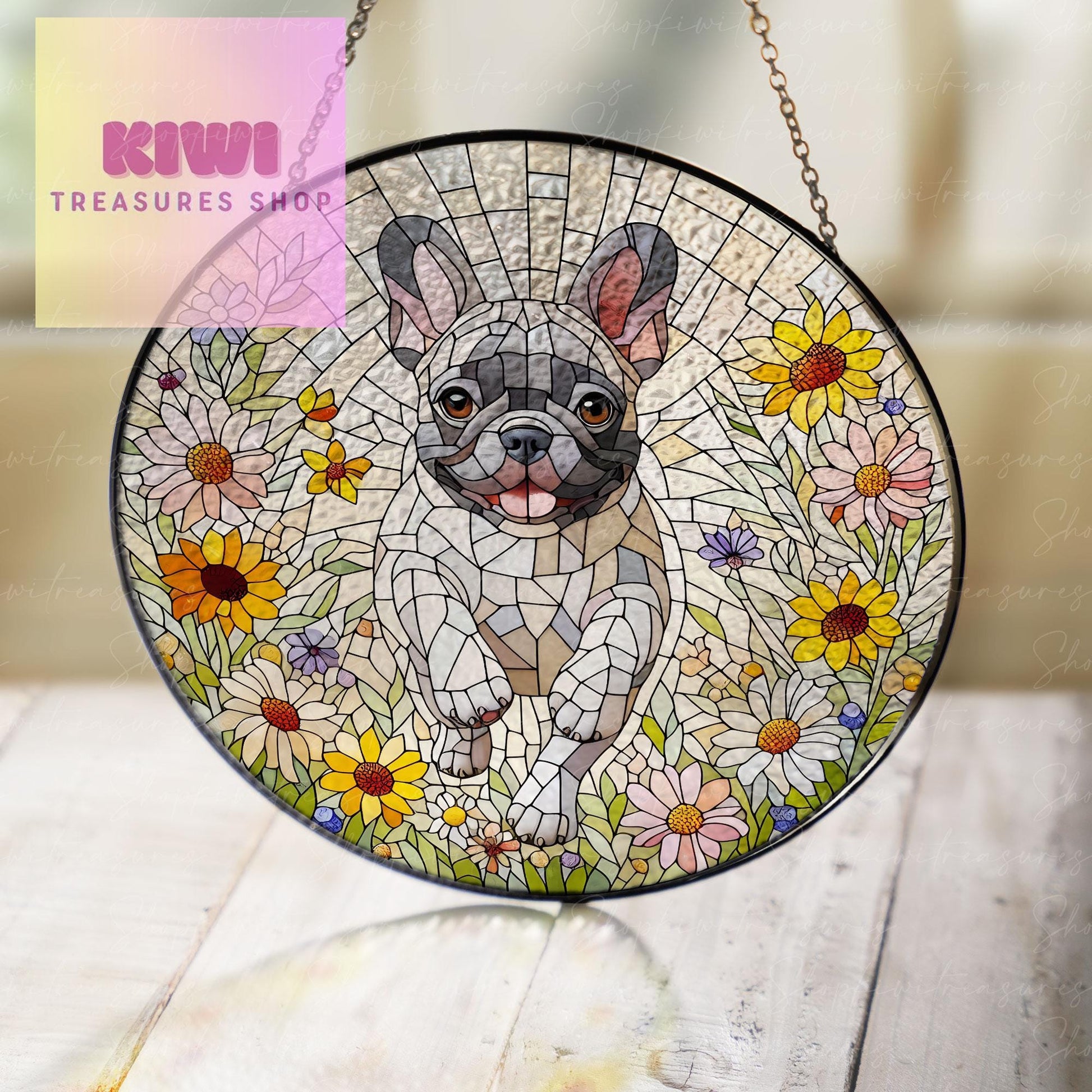 French Bulldog and Wildflower GLASS Suncatcher Hanging, French Bulldog Suncatcher Ornament, Dog Lovers Gift, Dog Memorial Gift, Flower GLASS