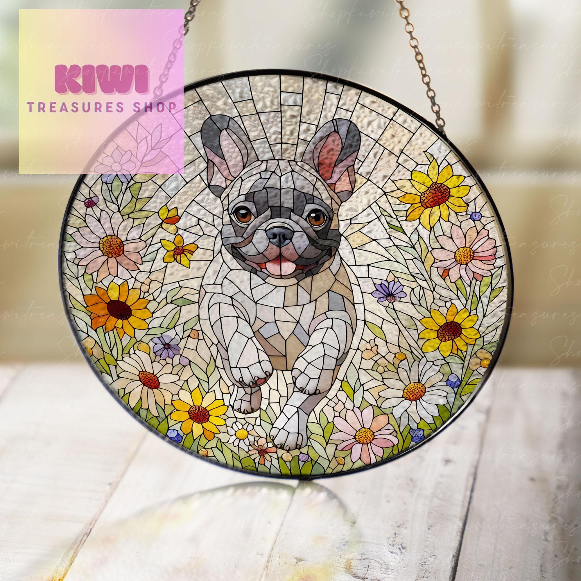 French Bulldog and Wildflower GLASS Suncatcher Hanging, French Bulldog Suncatcher Ornament, Dog Lovers Gift, Dog Memorial Gift, Flower GLASS