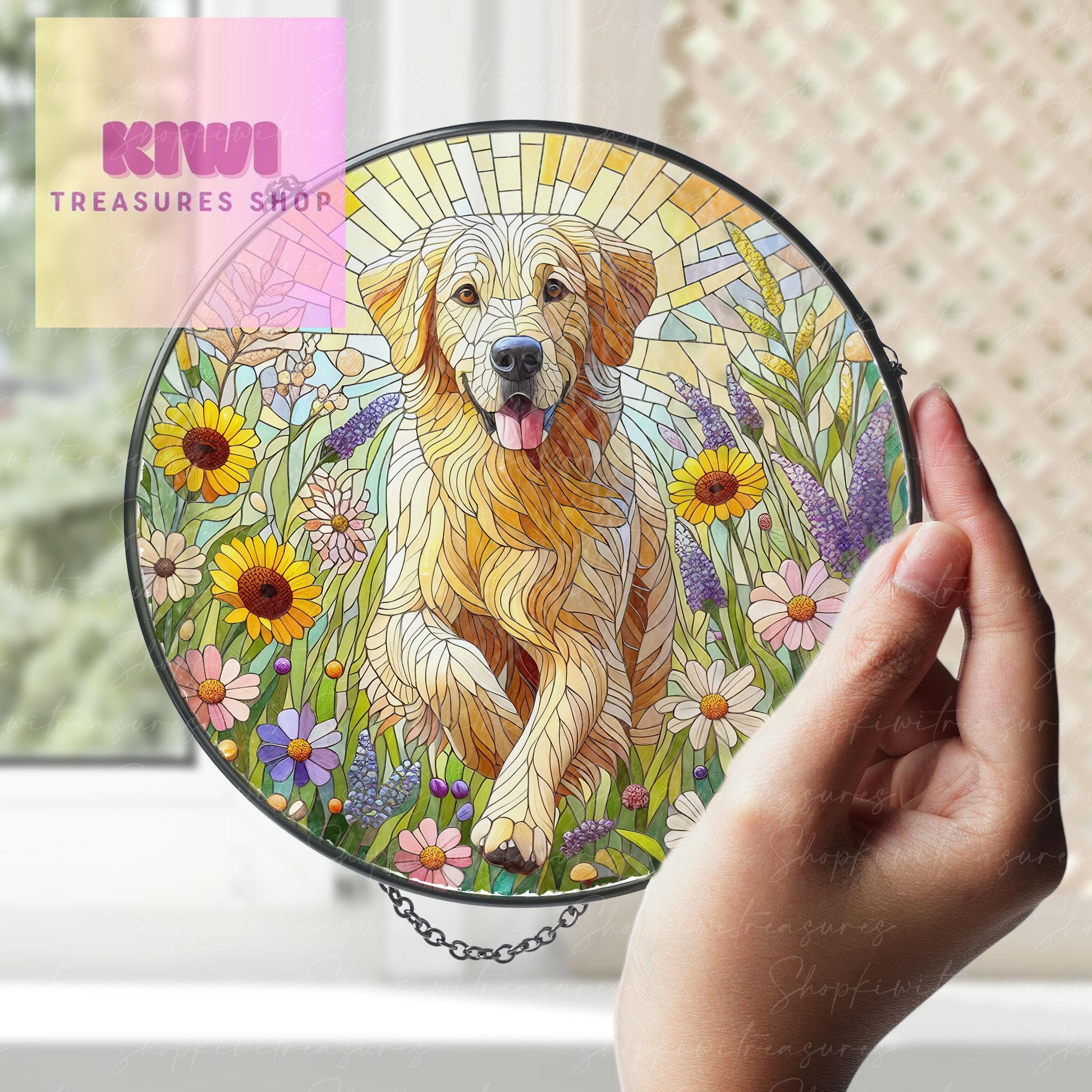 Golden Retriever and Wildflowers GLASS Suncatcher Hanging, Golden Retriever Suncatcher Ornament, Dog Lovers Gift, Dog Memorial Gift