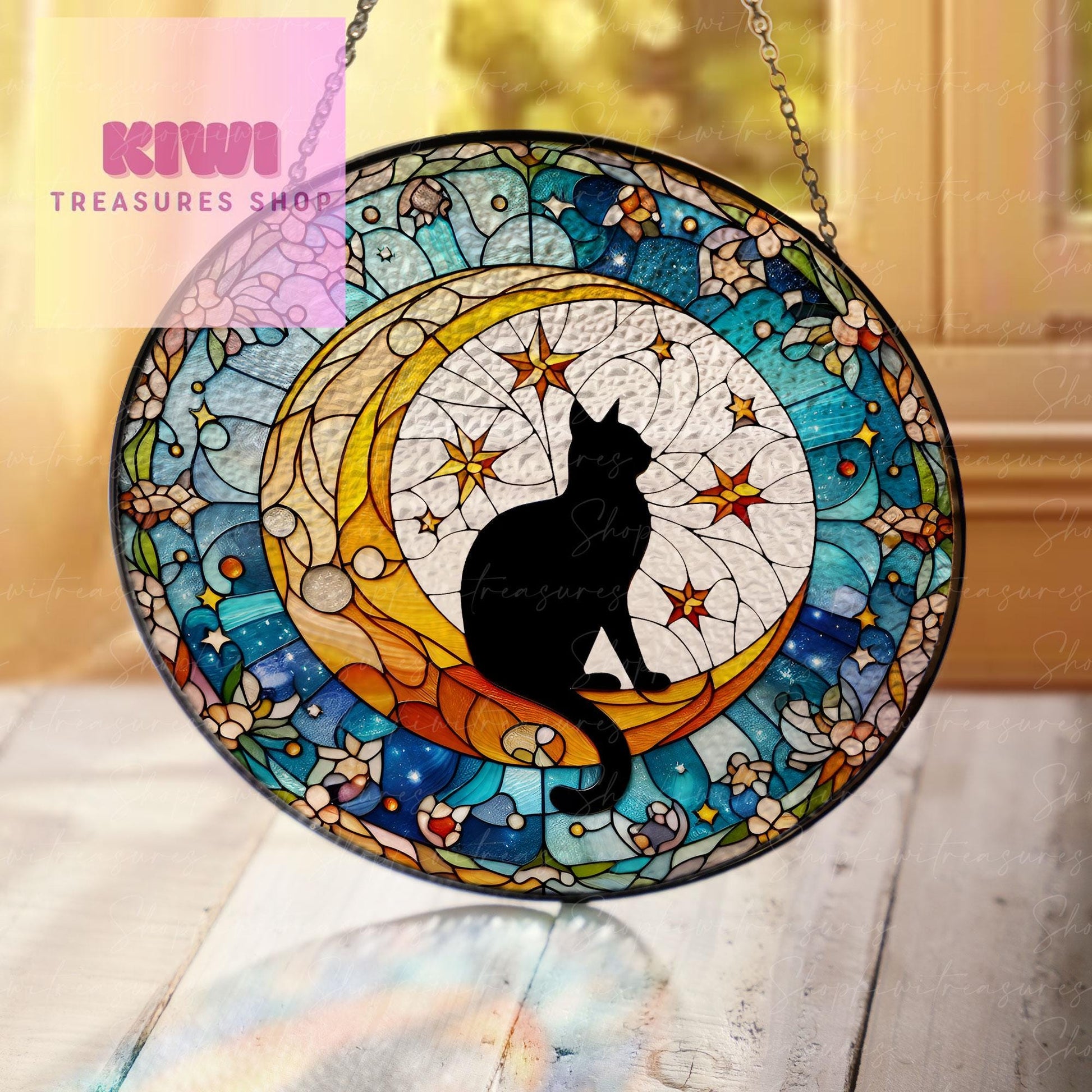 Cat On Moon Glass Suncatcher Hanging | Black Cat Ornament |  Black Cat Gift | Home Decor for Cat Lovers | Cat Mom Gift, Mother's day gift