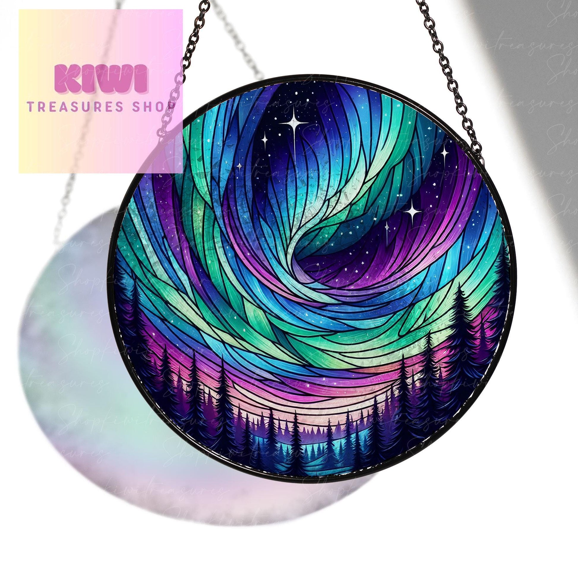 Aurora Borealis Glass Suncatcher Hanging | Forest Aurora Suncatcher | Handcrafted Northern Lights Decor | Glass Art for Nature Lover