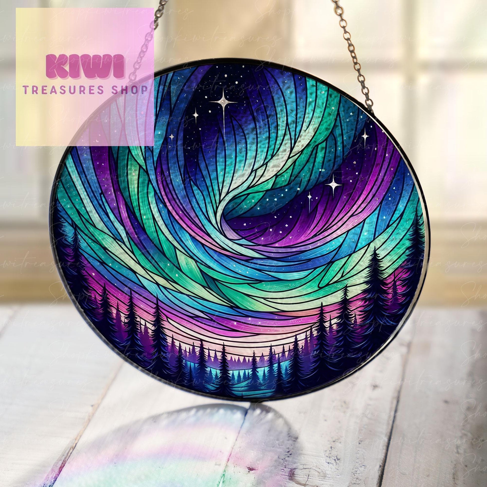 Aurora Borealis Glass Suncatcher Hanging | Forest Aurora Suncatcher | Handcrafted Northern Lights Decor | Glass Art for Nature Lover