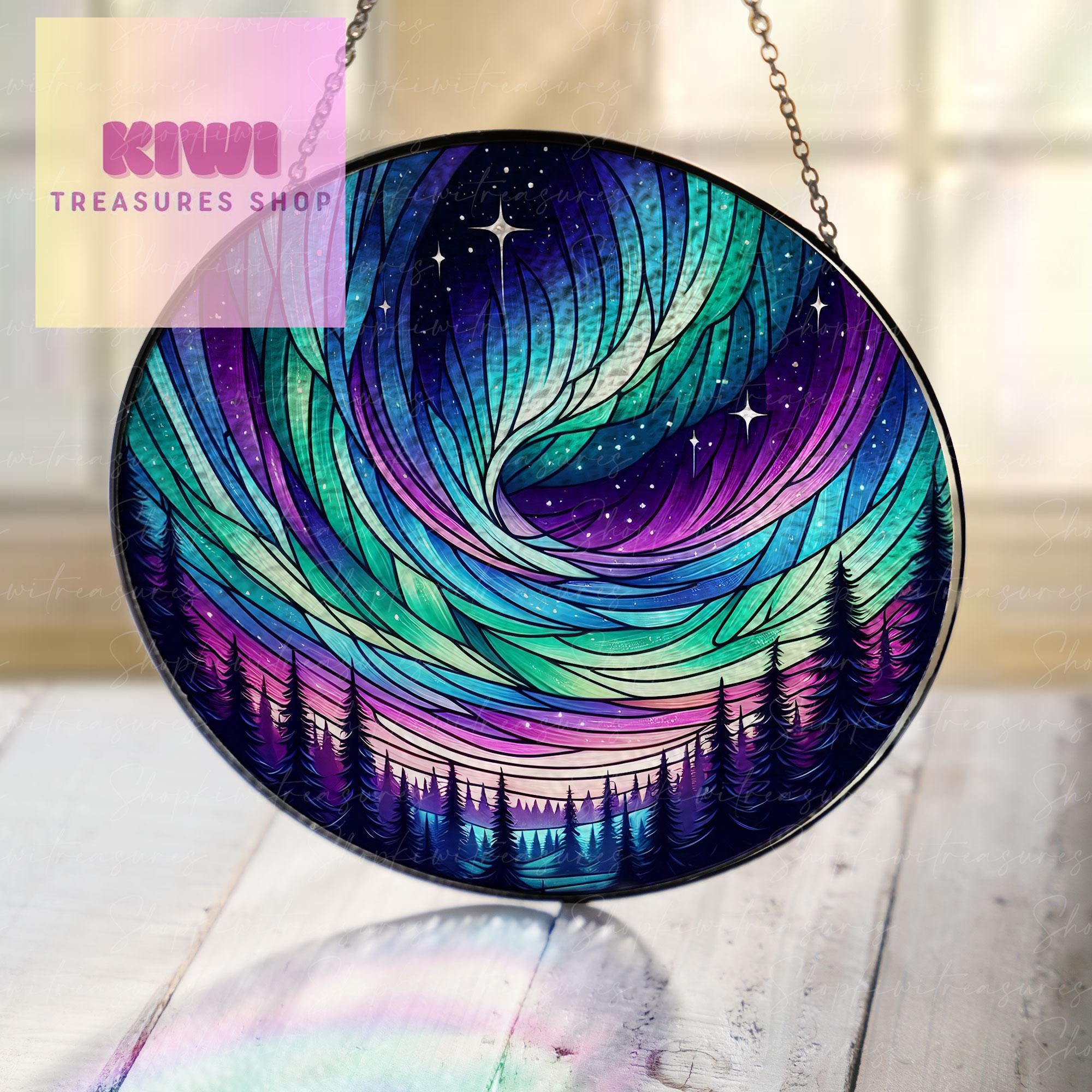 Aurora Borealis Glass Suncatcher Hanging | Forest Aurora Suncatcher | Handcrafted Northern Lights Decor | Glass Art for Nature Lover