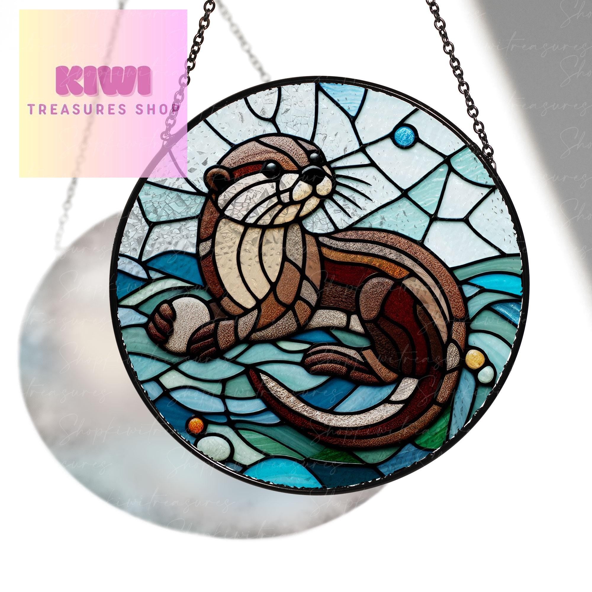 Otter Playing Pebble GLASS Suncatcher | Otter Suncatcher Ornament | Window Otters Art | Home Decor | Otter Lover Gift, Gift For Mom