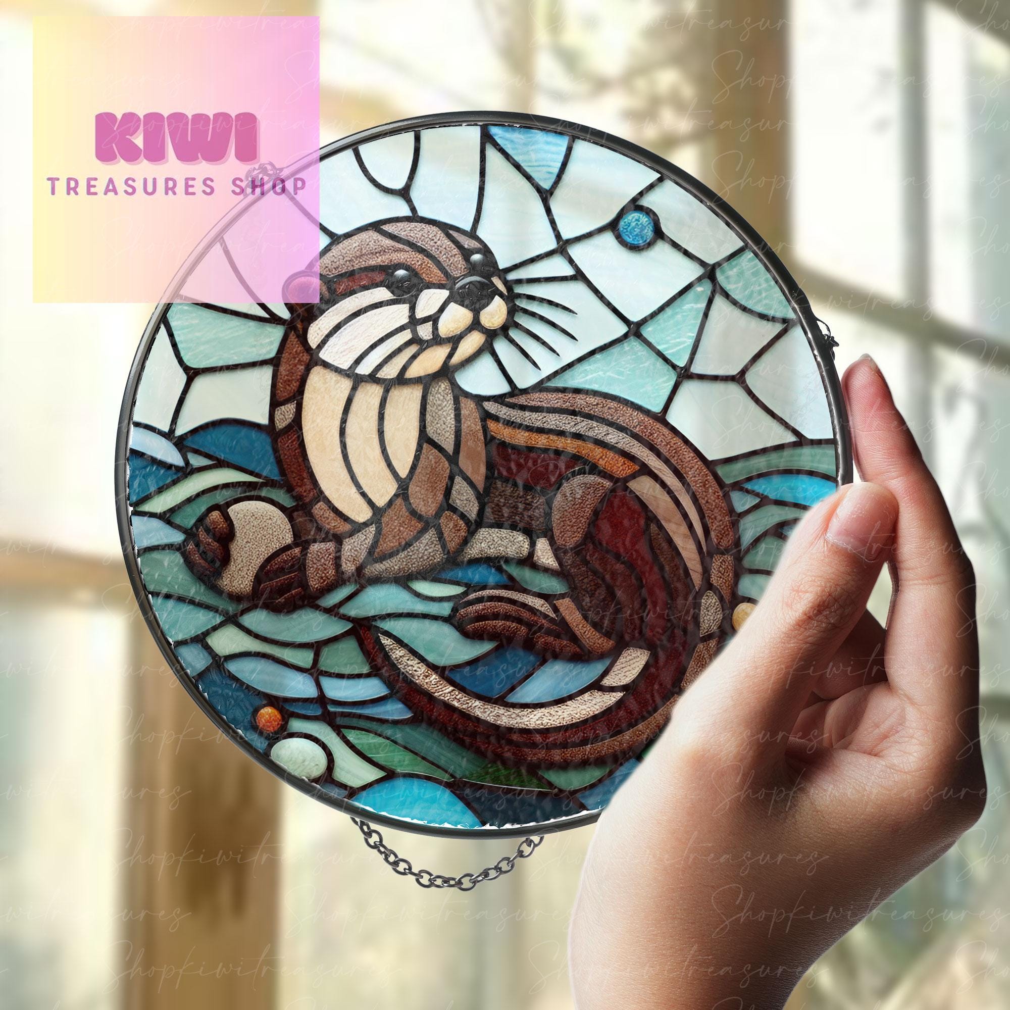 Otter Playing Pebble GLASS Suncatcher | Otter Suncatcher Ornament | Window Otters Art | Home Decor | Otter Lover Gift, Gift For Mom