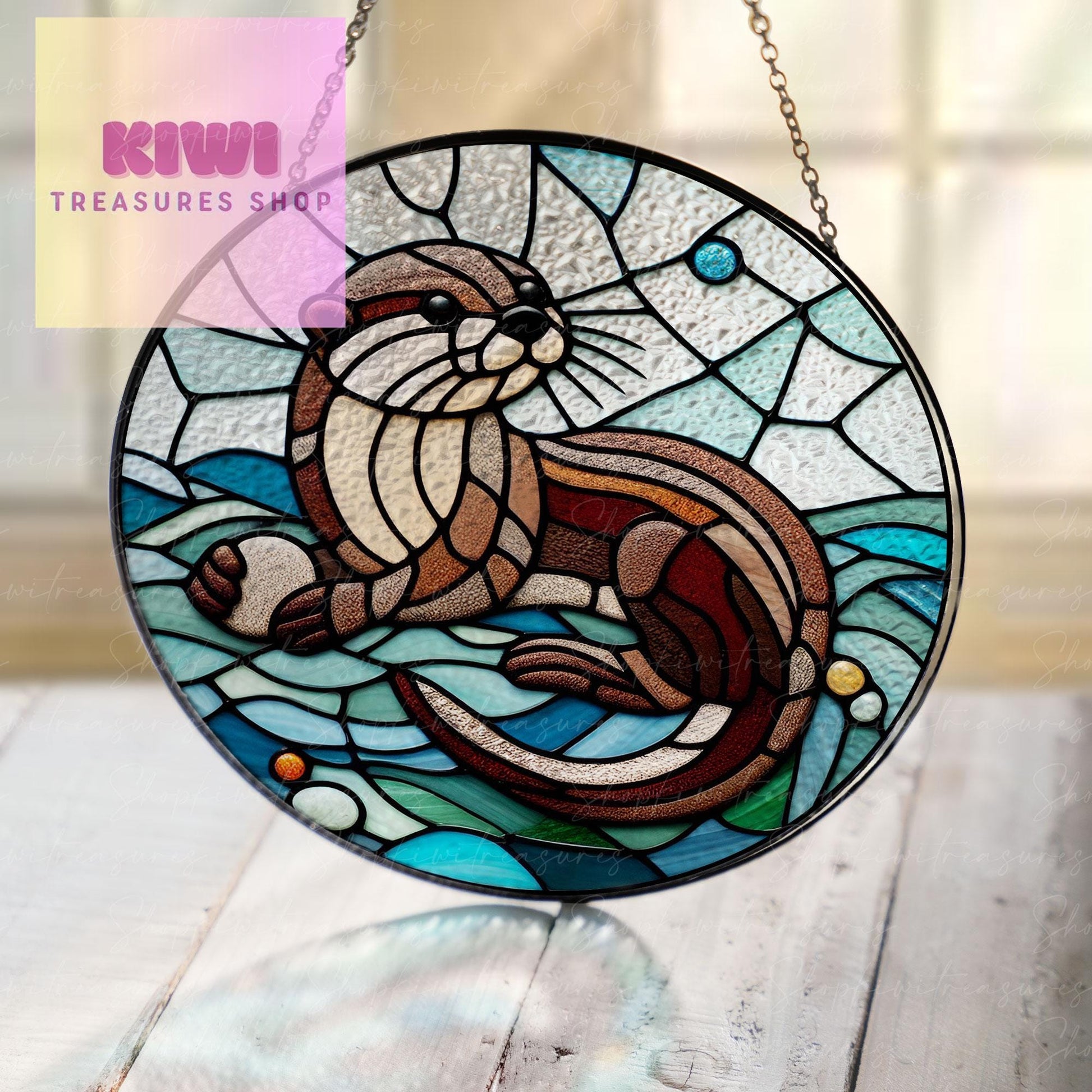 Otter Playing Pebble GLASS Suncatcher | Otter Suncatcher Ornament | Window Otters Art | Home Decor | Otter Lover Gift, Gift For Mom