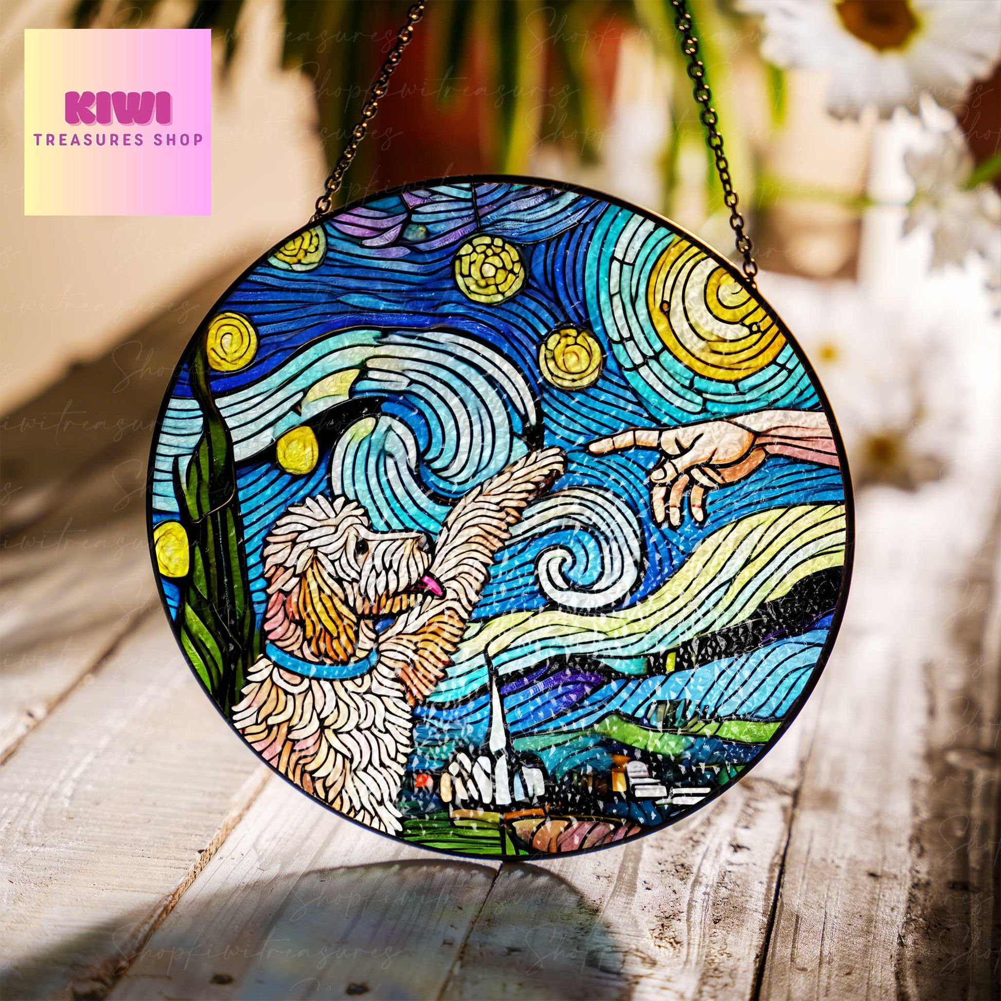 Golden doodle touching human hand GLASS suncatcher Hanging, goldendoodle glass, starry night Suncatcher,dog lover gift