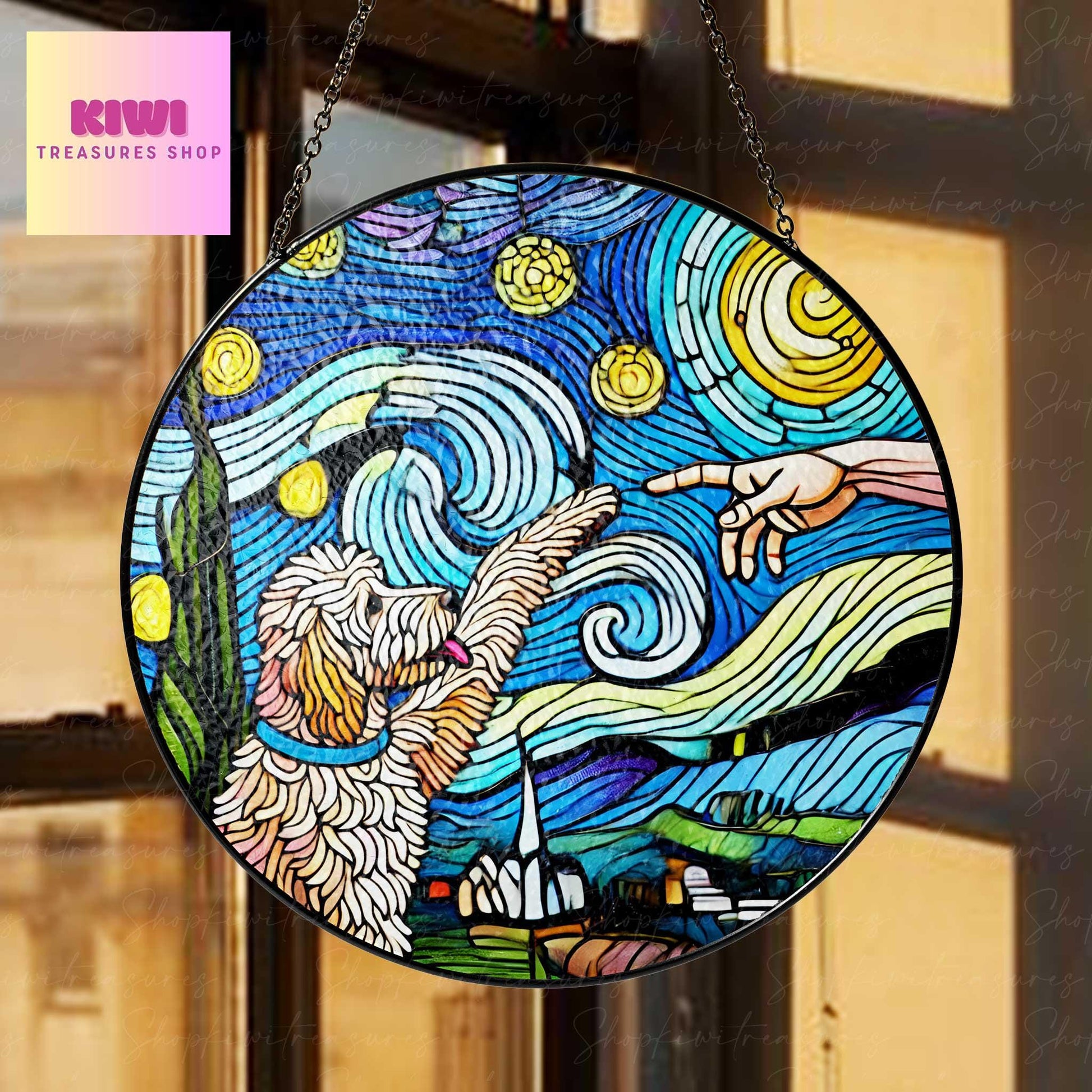 Golden doodle touching human hand GLASS suncatcher Hanging, goldendoodle glass, starry night Suncatcher,dog lover gift