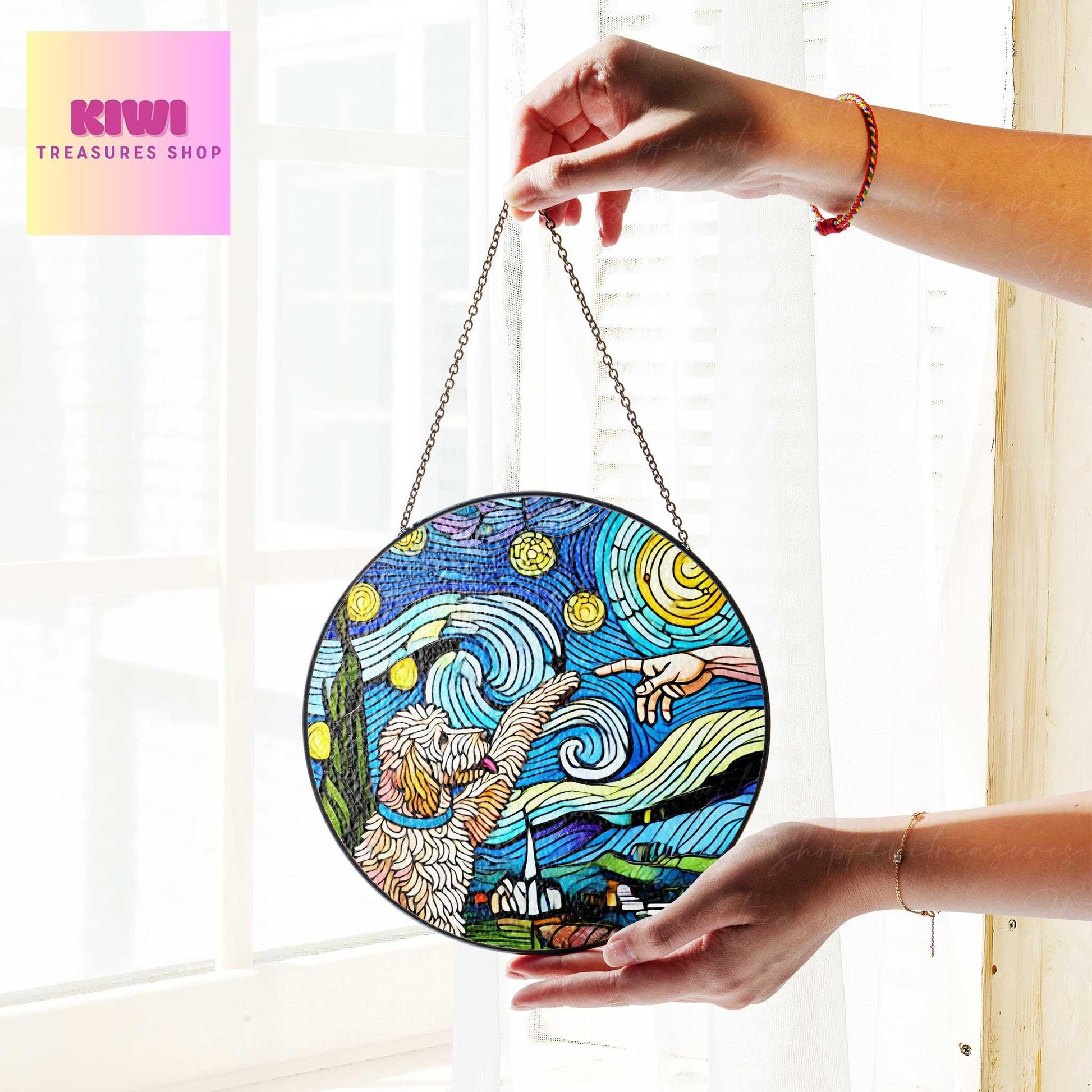 Golden doodle touching human hand GLASS suncatcher Hanging, goldendoodle glass, starry night Suncatcher,dog lover gift