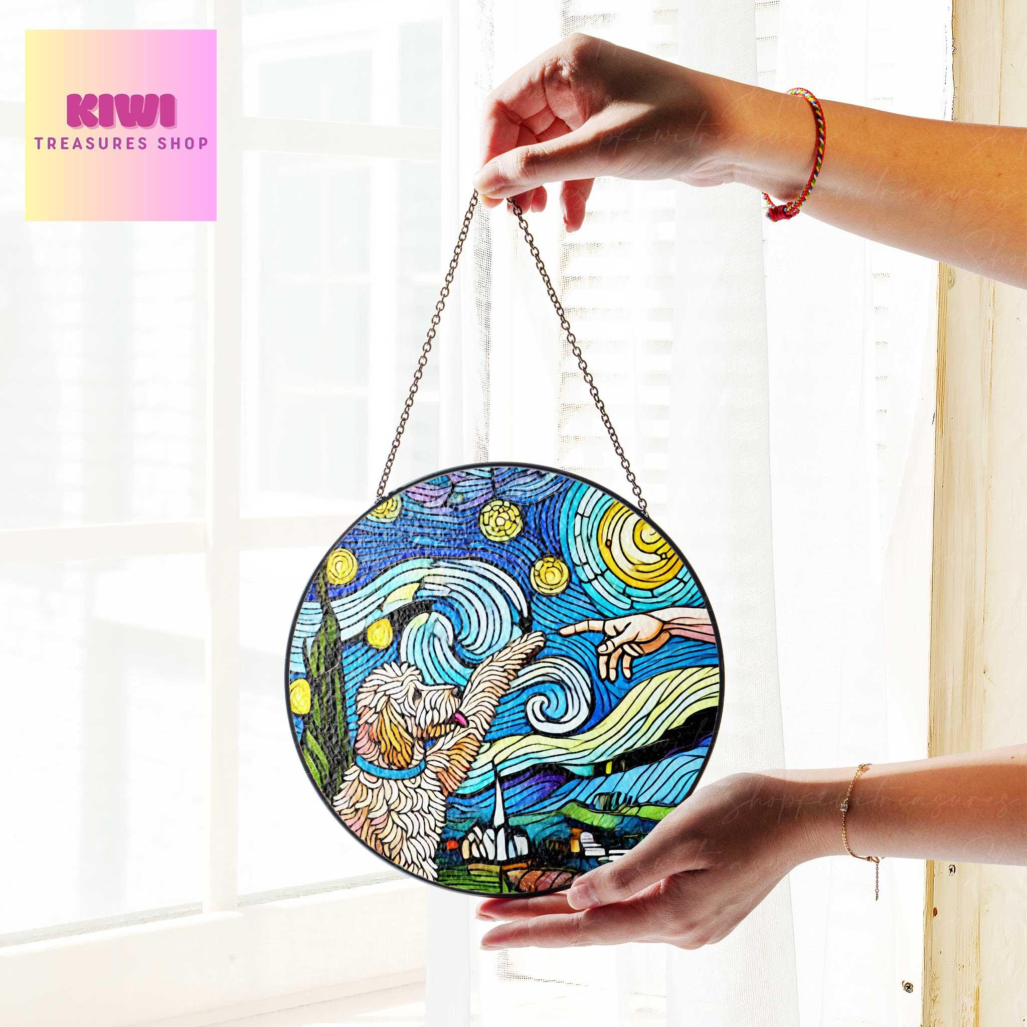 Golden doodle touching human hand GLASS suncatcher Hanging, goldendoodle glass, starry night Suncatcher,dog lover gift