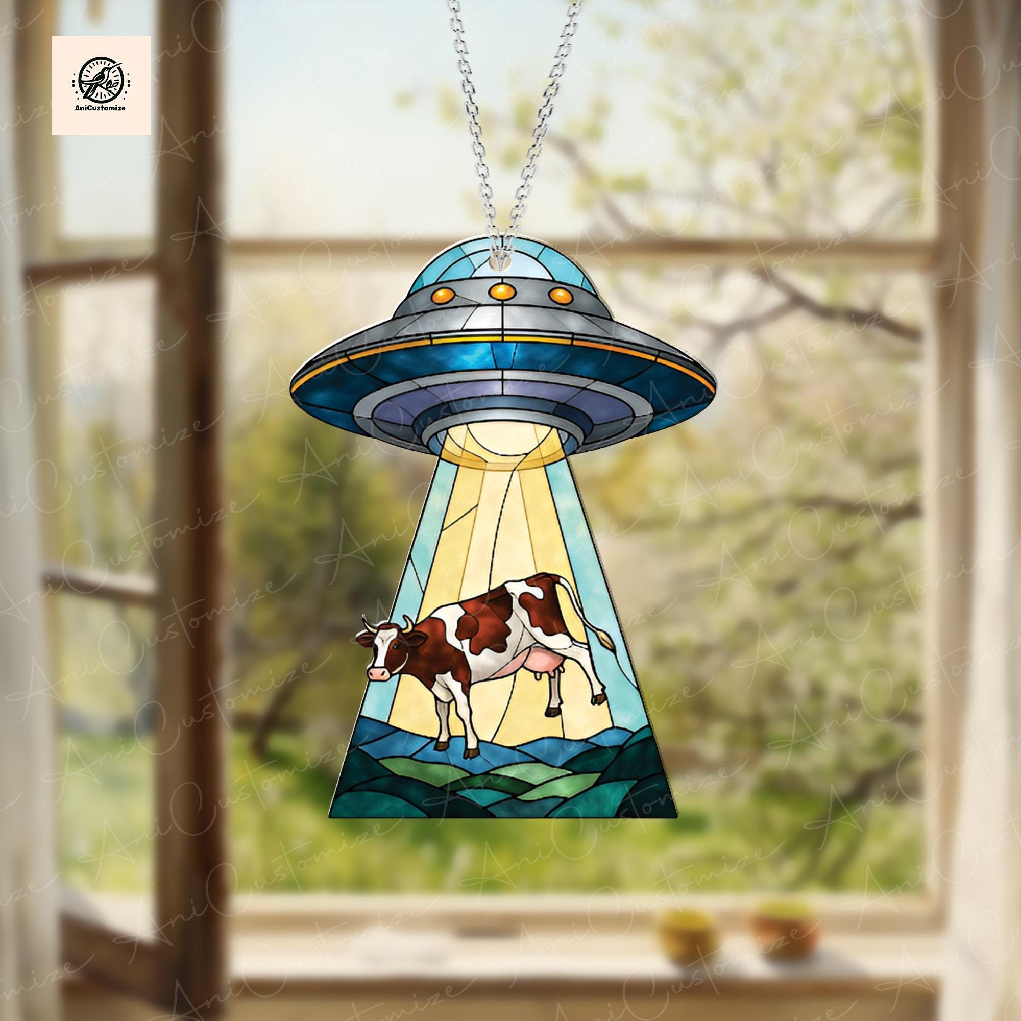 UFO Abduction Dairy Cow ACRYLIC Window Hanging, Alien Cow Decor, Funny Ufo Cow Decor, Dairy Cow Lover Gift, Aliens Lovers Gifts, Alien Decor