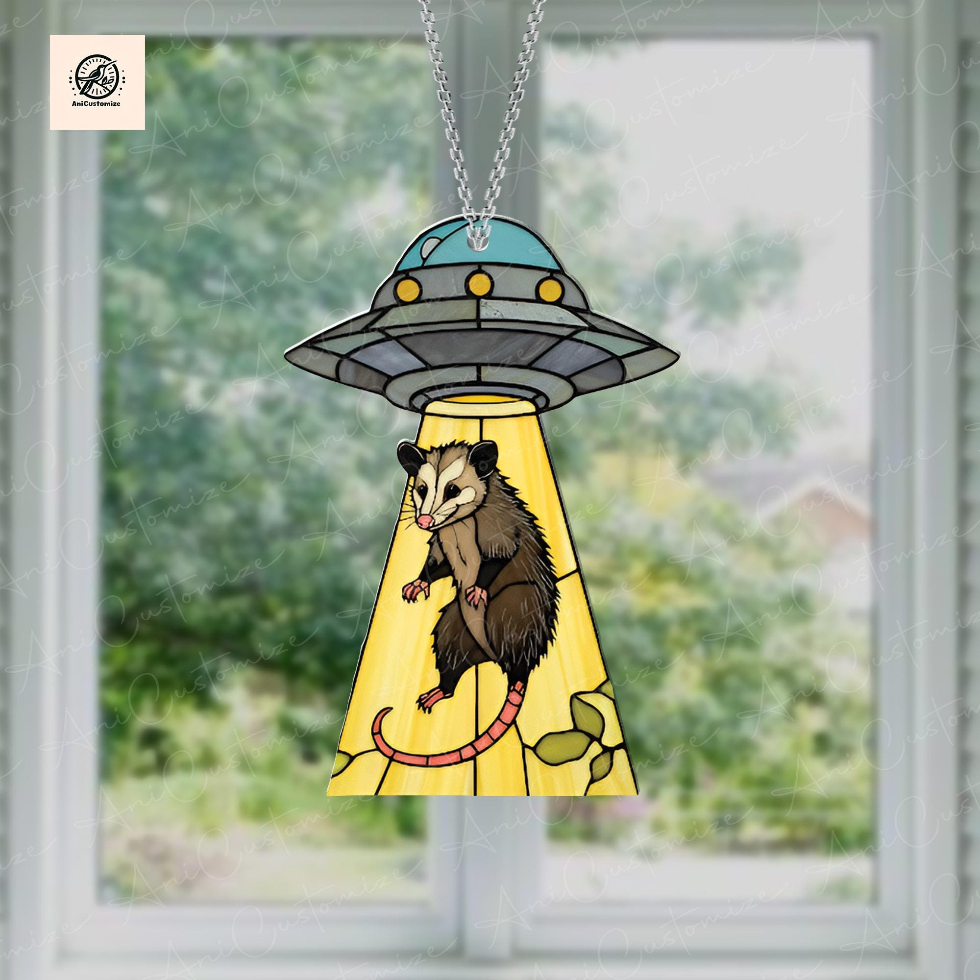 UFO Abduction Opossum ACRYLIC Window Hanging, Possum Funny Decor, Funny Ufo Possum, Possum Lover Gift, Aliens Lovers Gifts, Alien Decor
