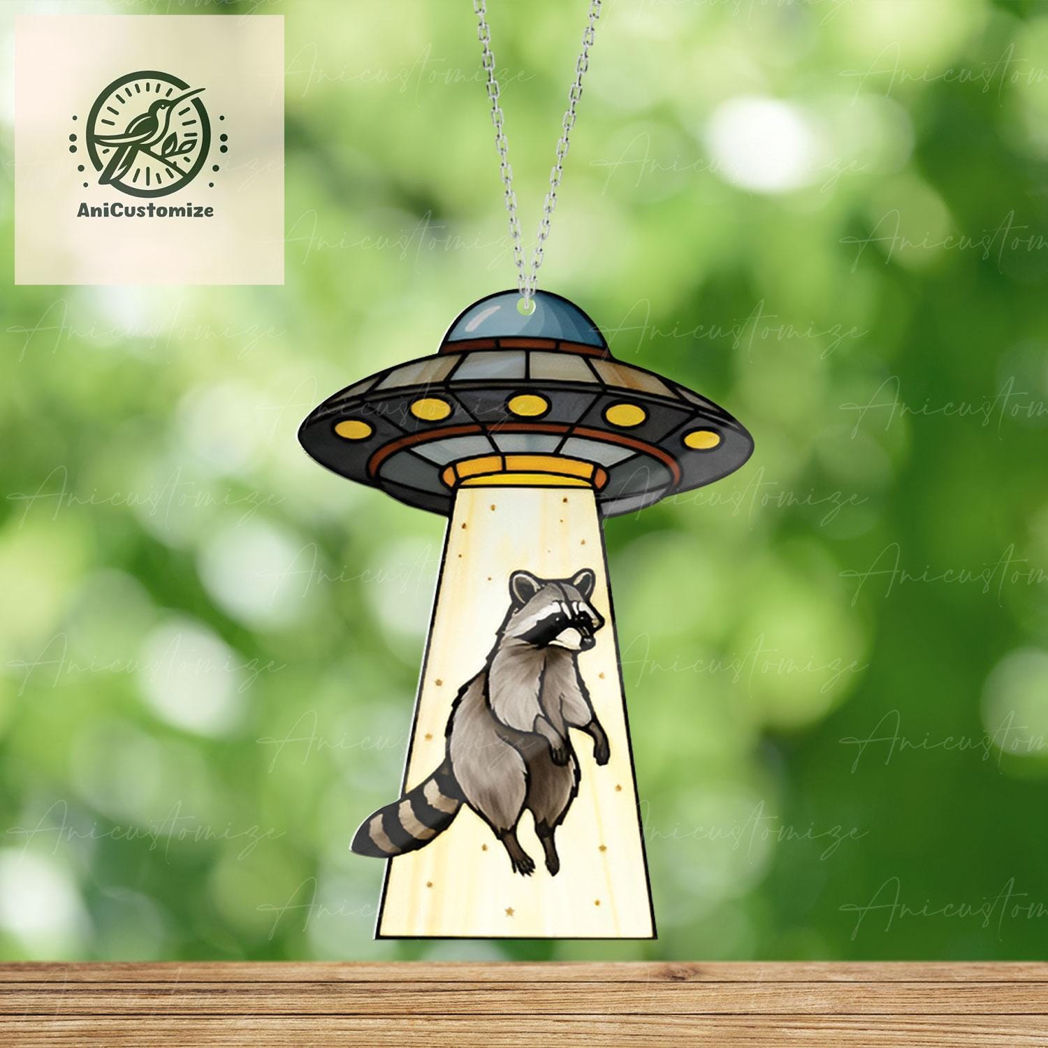 UFO Abduction Raccoon ACRYLIC Window Hanging, Raccoon Funny Decor, Funny Ufo Raccoon, Raccoon Lover Gift, Aliens Lovers Gifts, Alien Decor