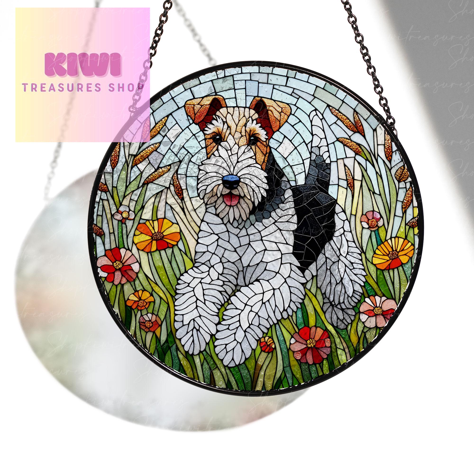 Wire fox terrier plays in wildflowers garden GLASS Suncatcher Hanging, wire fox terrier suncatcher hanging, dog window hanging