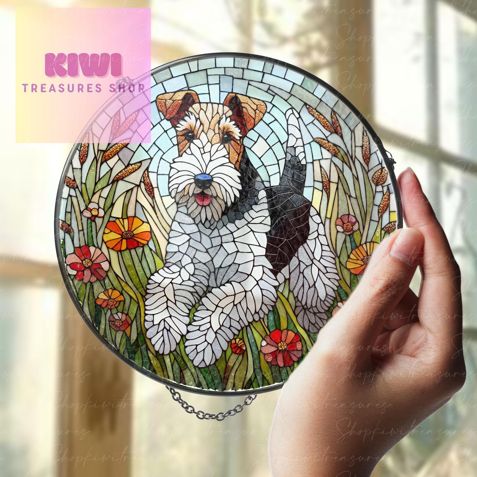Wire fox terrier plays in wildflowers garden GLASS Suncatcher Hanging, wire fox terrier suncatcher hanging, dog window hanging
