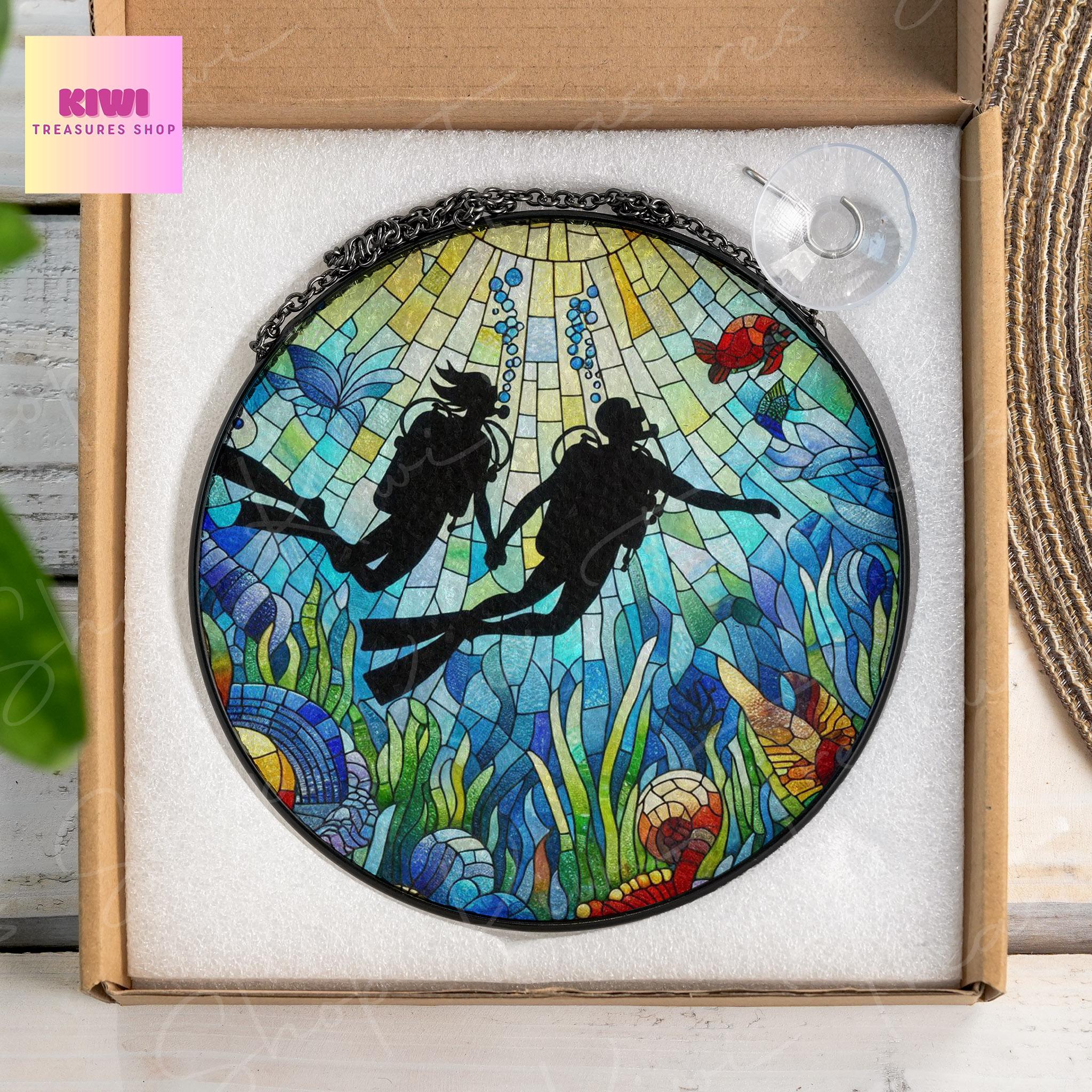 Scuba Diving couple Glass Suncatcher Ocean Ornament with coral reef lover Beach House Decor, valentine gift, Beach Life, scuba diver gift