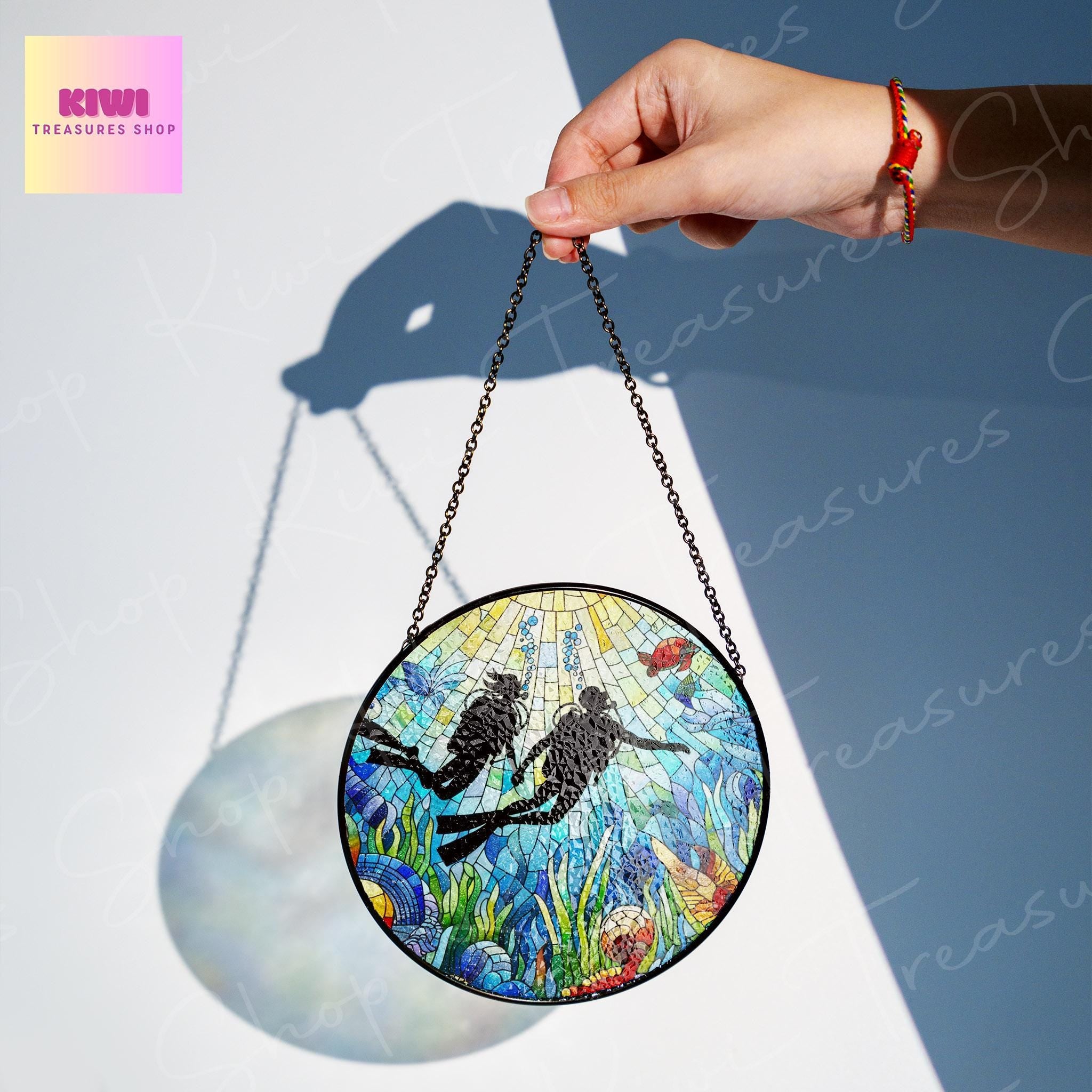 Scuba Diving couple Glass Suncatcher Ocean Ornament with coral reef lover Beach House Decor, valentine gift, Beach Life, scuba diver gift