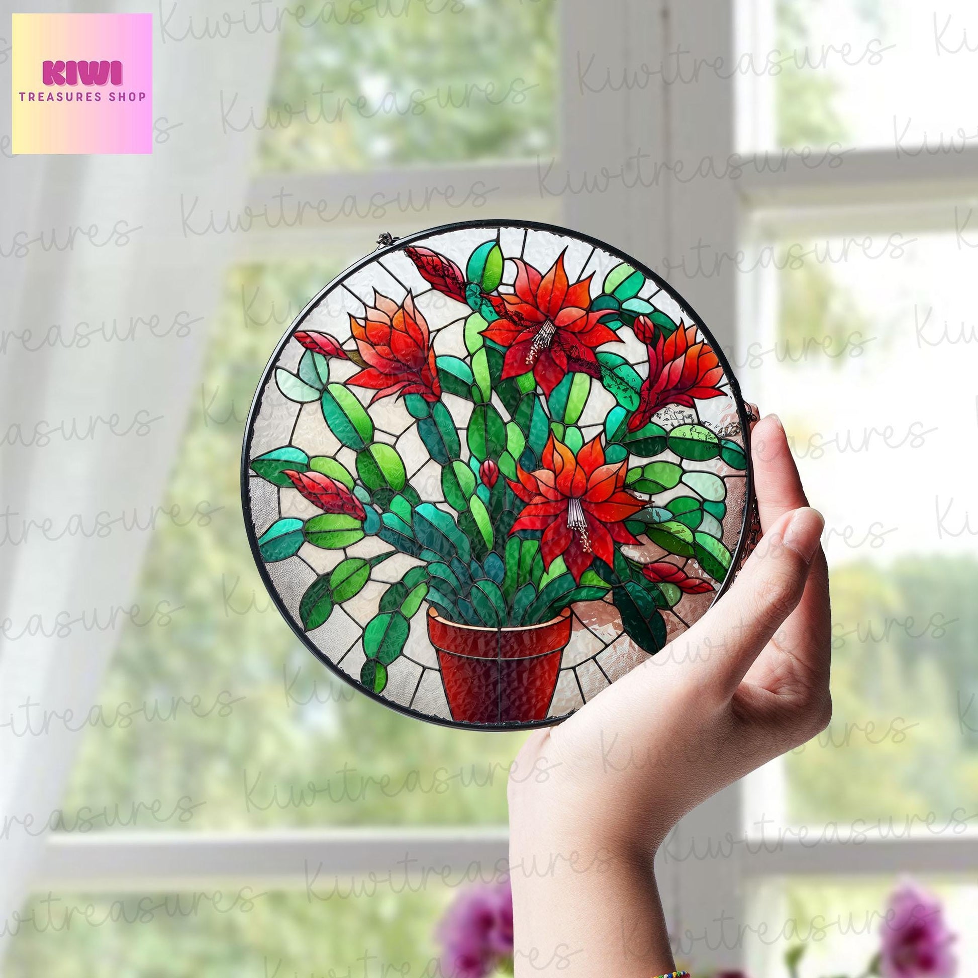 Christmas Cactus GLASS Sun Catcher | Schlumbergera Sun Catcher Ornament | Cactus Lovers Gift | Plant Lover Decor | Home Decor