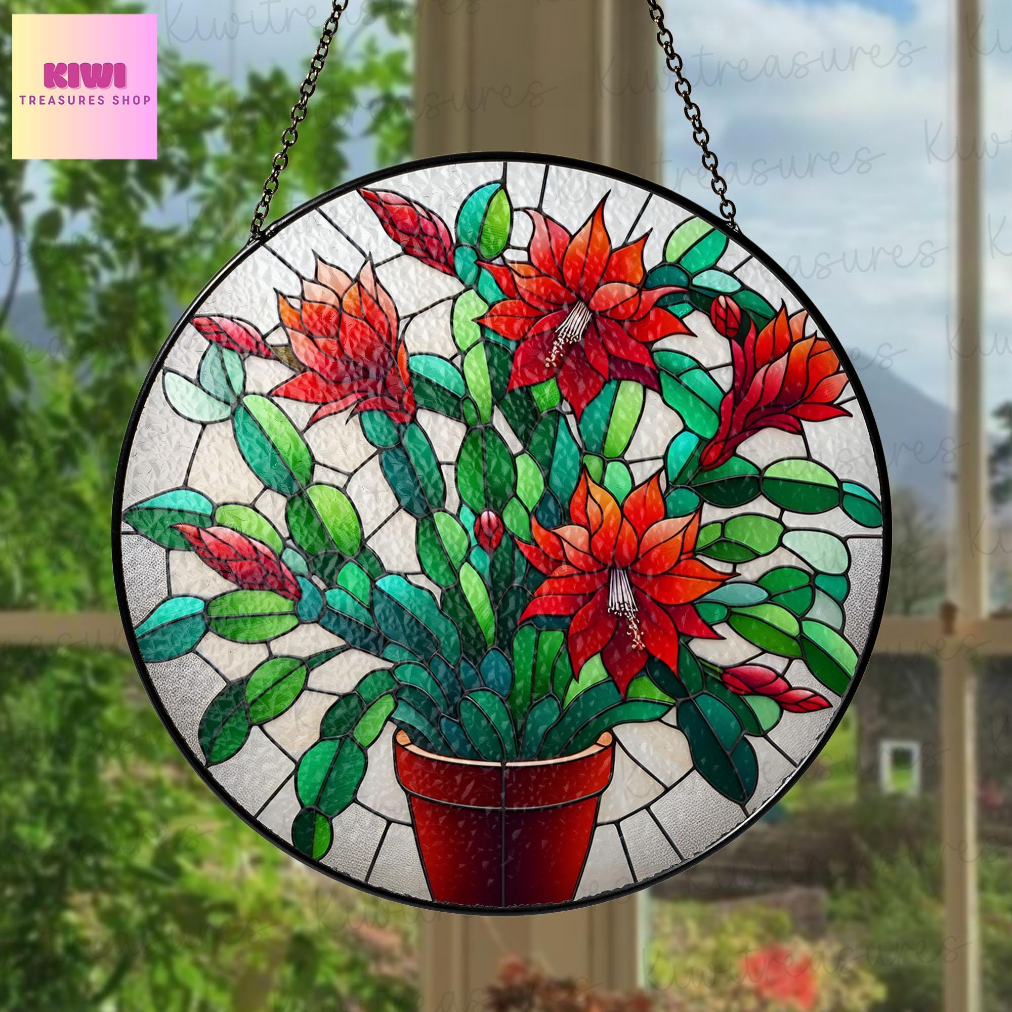 Christmas Cactus GLASS Sun Catcher | Schlumbergera Sun Catcher Ornament | Cactus Lovers Gift | Plant Lover Decor | Home Decor