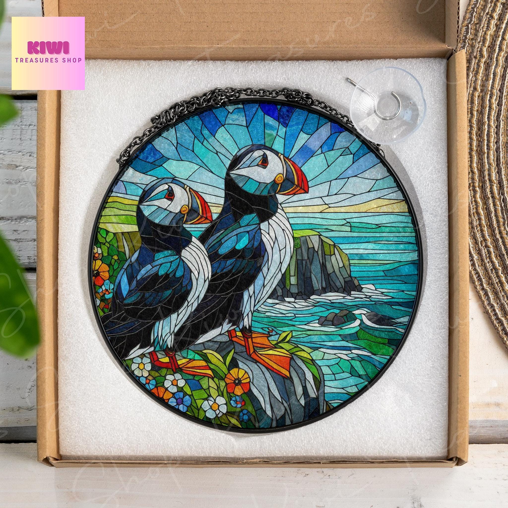 Puffin couple on cliff Landscape GLASS Suncatcher Hanging, Ireland Wall Art, Window Hanging, Indoor Decor, puffin lover, anniversary gift