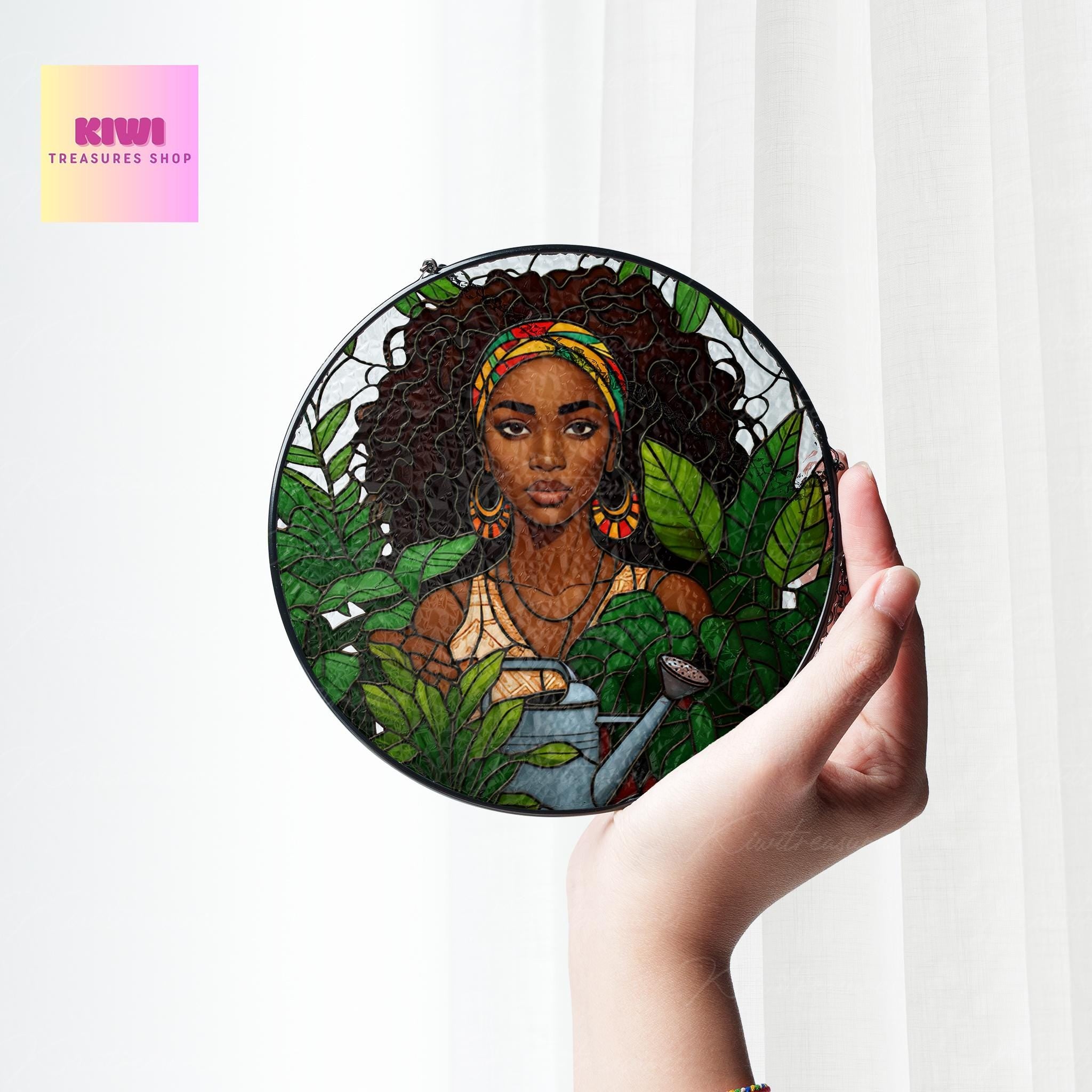 Black Woman Watering Plant GLASS Suncatcher, Black Woman Decor, Black History Vibe Decor, Plant Lover Gift, Black Plant Lady Gift,Yard decor
