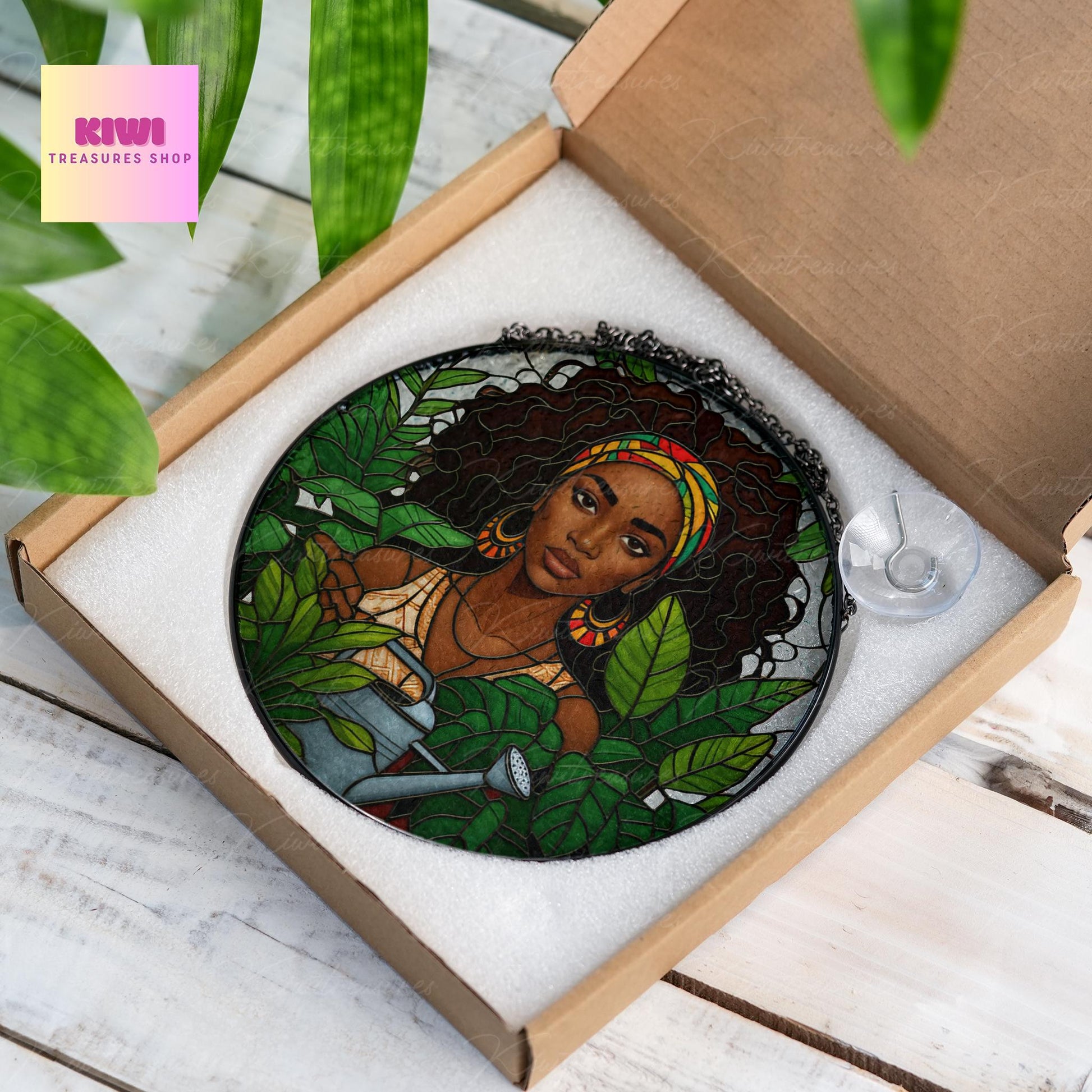 Black Woman Watering Plant GLASS Suncatcher, Black Woman Decor, Black History Vibe Decor, Plant Lover Gift, Black Plant Lady Gift,Yard decor