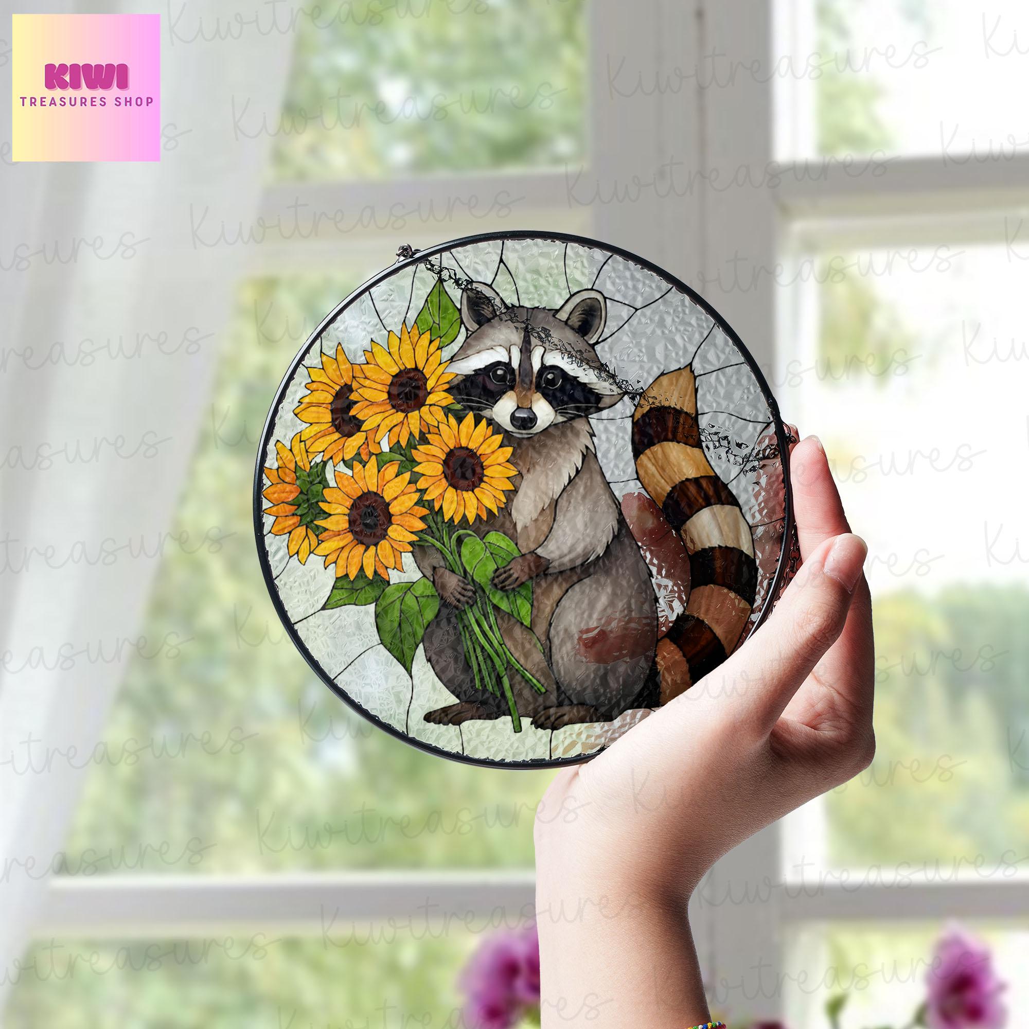 Raccoon And Sunflower GLASS Suncatcher, Raccoon Decor, Sunflower Decor, Gift For Raccoon Lover, Funny Raccoon Decor, Raccon Gift, Yard Decor