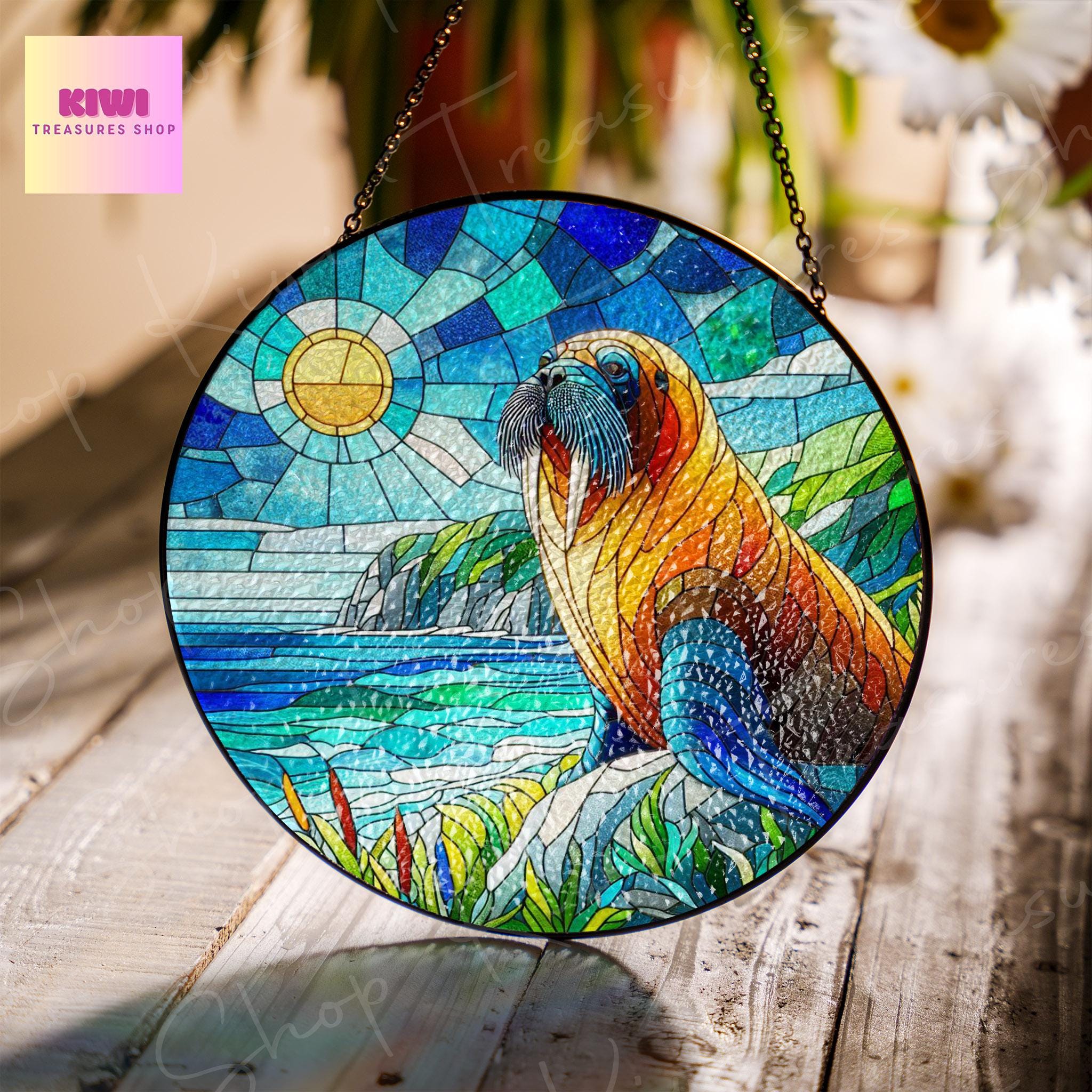 Walrus on cliff Landscape GLASS Suncatcher Hanging, Walrus Wall Art, Window Hanging, Indoor Decor, walrus lover, Perfect for Nature Lovers