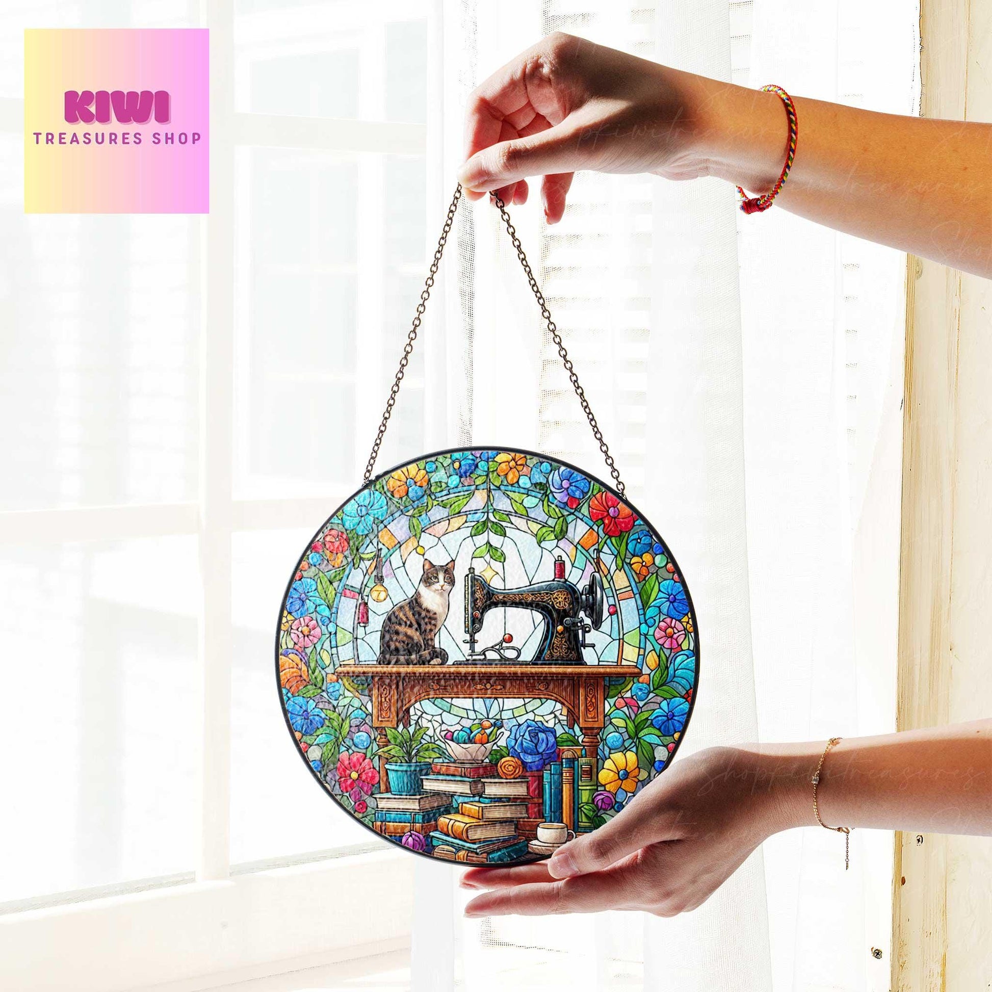 Sewing Machine and Tabby Cat GLASS Suncatcher Hanging, Sewing Suncatcher Ornament, Perfect Gift for Sewers, Quilters and Tailors
