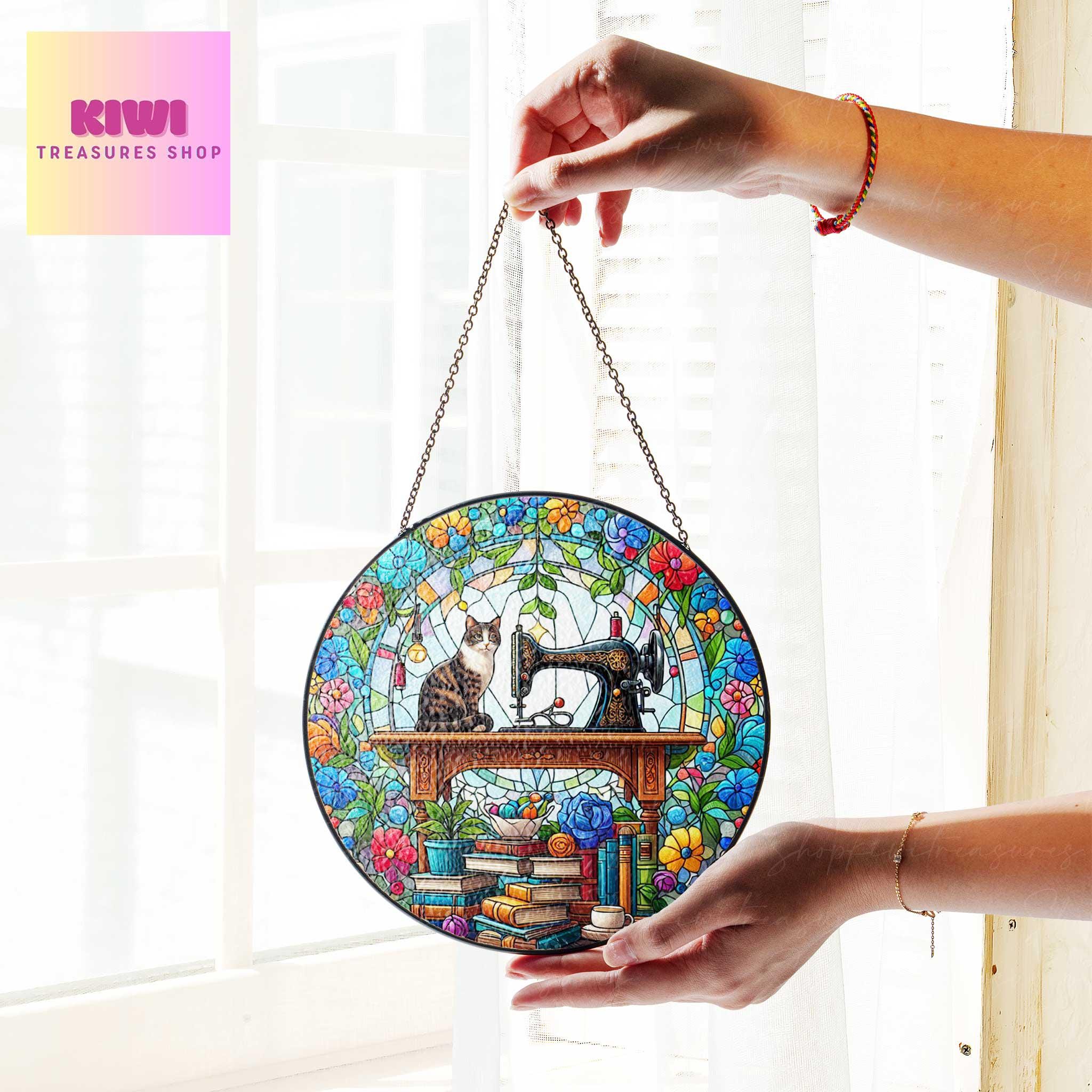 Sewing Machine and Tabby Cat GLASS Suncatcher Hanging, Sewing Suncatcher Ornament, Perfect Gift for Sewers, Quilters and Tailors