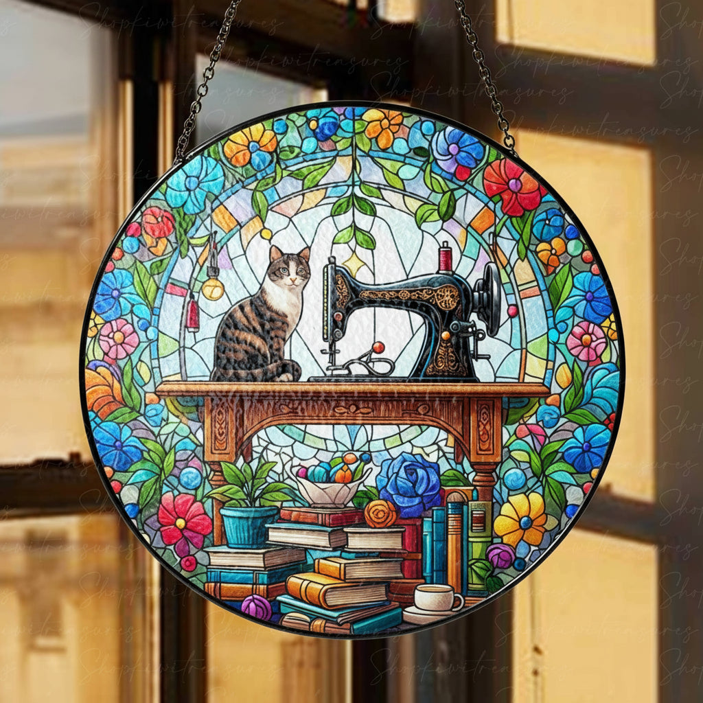 Sewing Machine and Tabby Cat GLASS Suncatcher Hanging, Sewing Suncatcher Ornament, Perfect Gift for Sewers, Quilters and Tailors