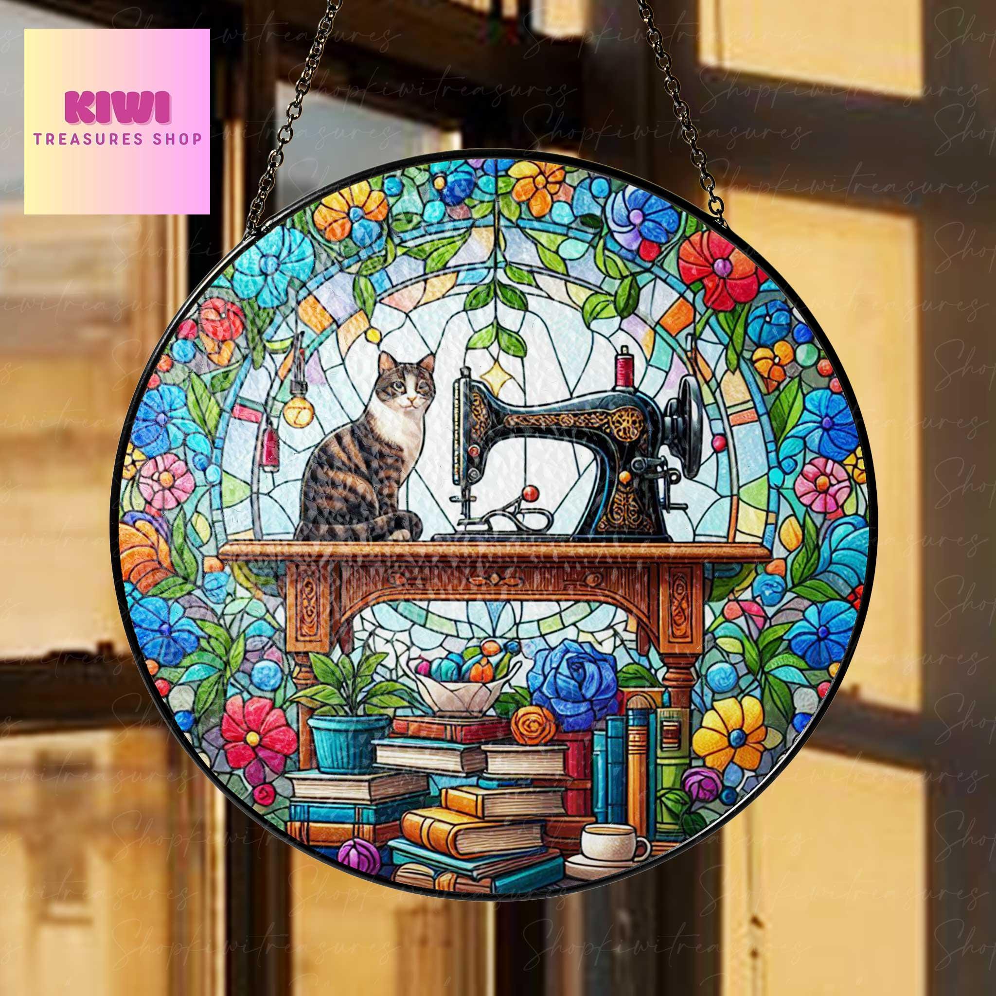 Sewing Machine and Tabby Cat GLASS Suncatcher Hanging, Sewing Suncatcher Ornament, Perfect Gift for Sewers, Quilters and Tailors