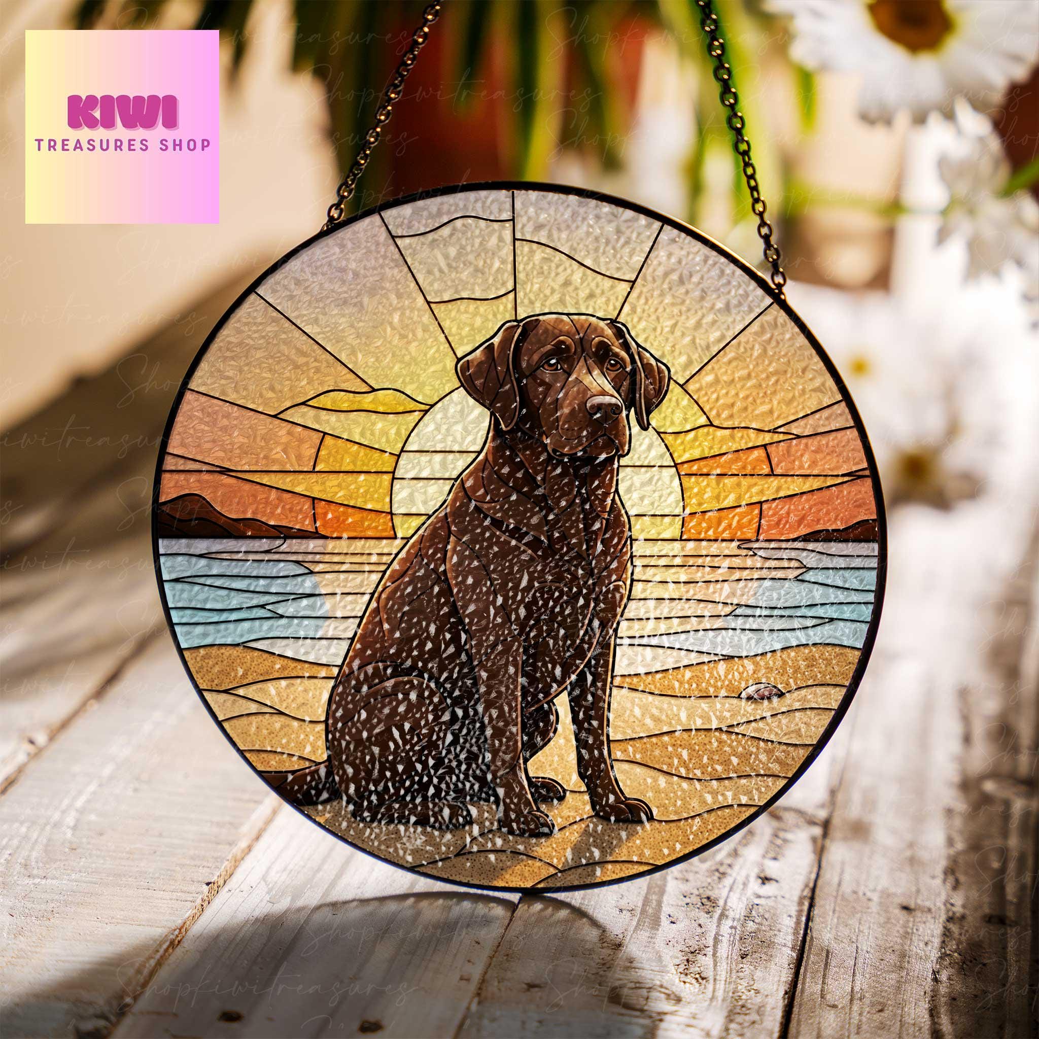 Chocolate Labrador beach landscape GLASS Suncatcher Hanging, Dog suncatcher, labrador retriever mom gift,housewarming gift