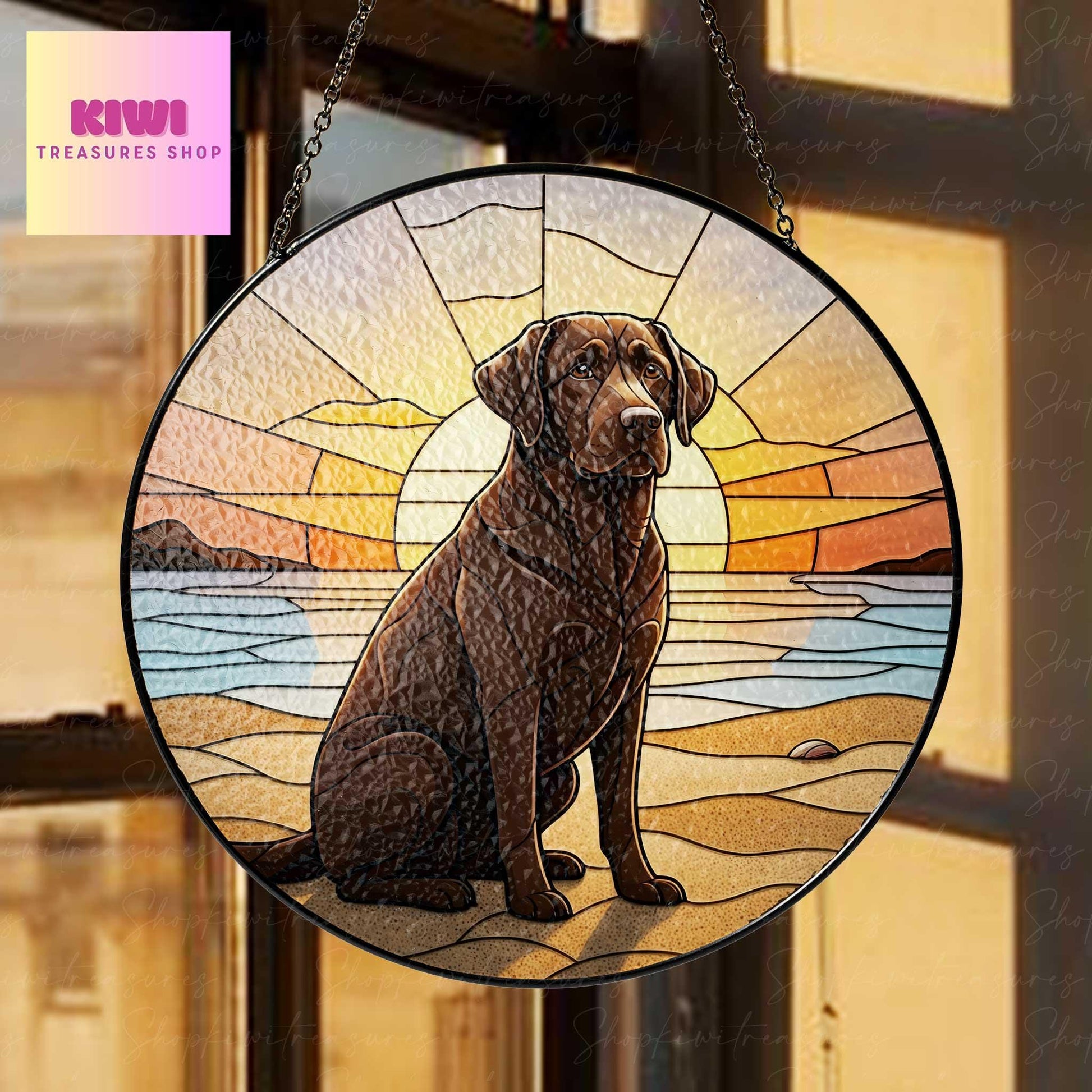 Chocolate Labrador beach landscape GLASS Suncatcher Hanging, Dog suncatcher, labrador retriever mom gift,housewarming gift