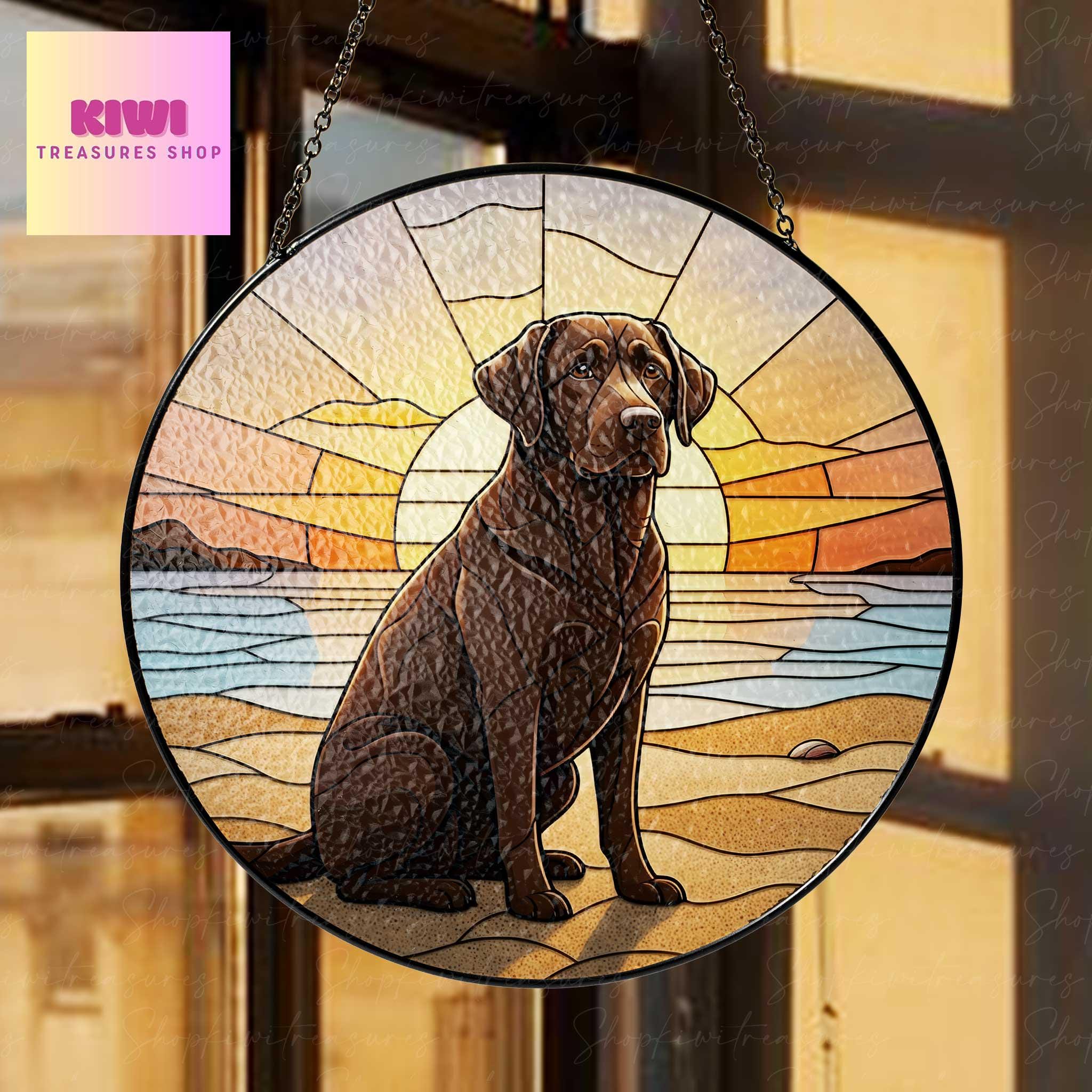 Chocolate Labrador beach landscape GLASS Suncatcher Hanging, Dog suncatcher, labrador retriever mom gift,housewarming gift